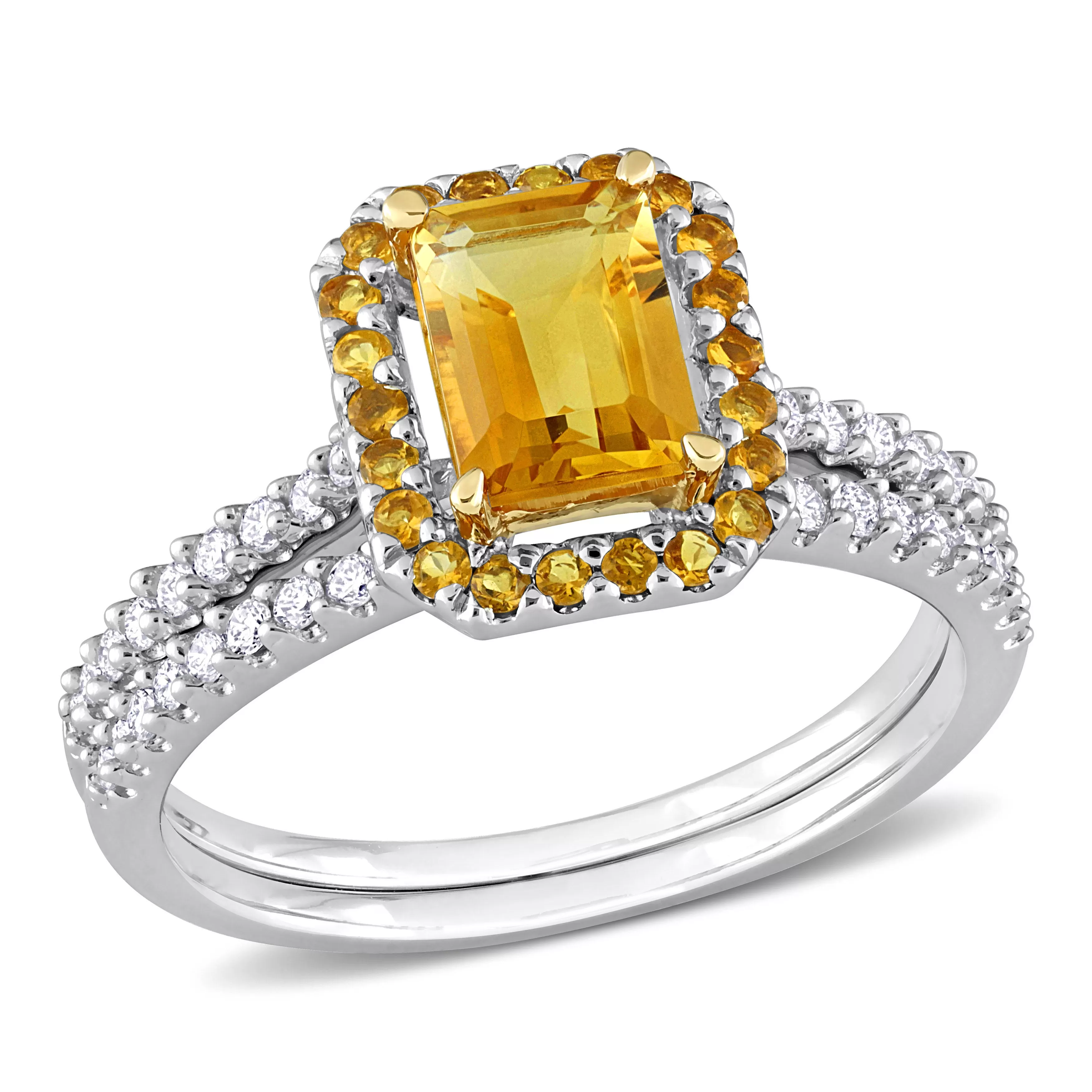 1 1/3 CT TGW Octagon Citrine and 1/4 CT TW Diamond Halo Bridal Ring Set in 14k White and Yellow Gold