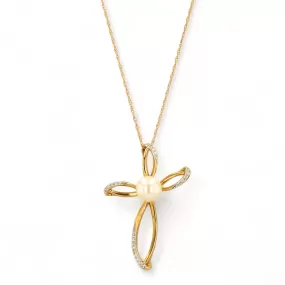 10K yellow gold diamond cross pearl accent chain-63883