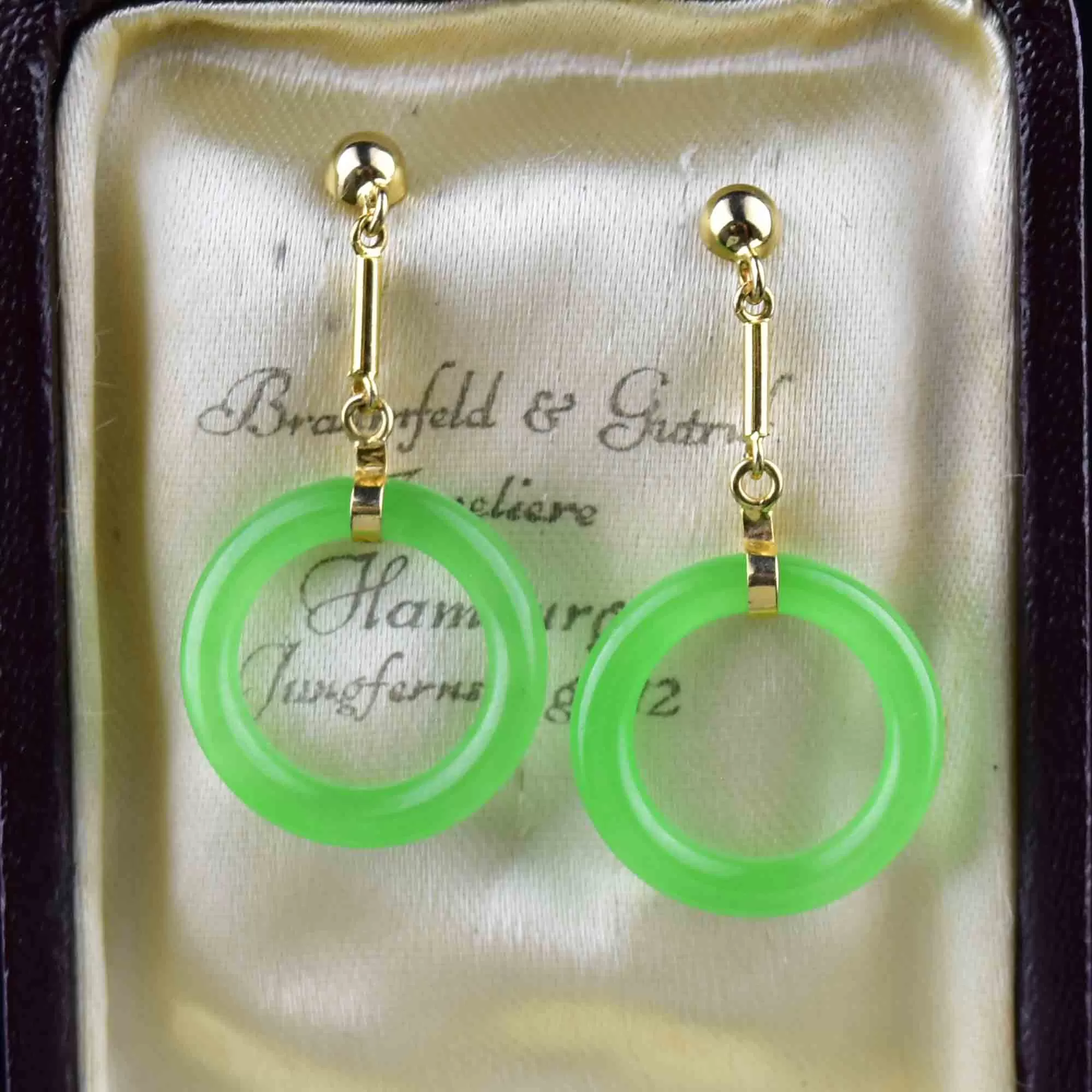 14K Gold Bar Jade Hoop Dangle Earrings