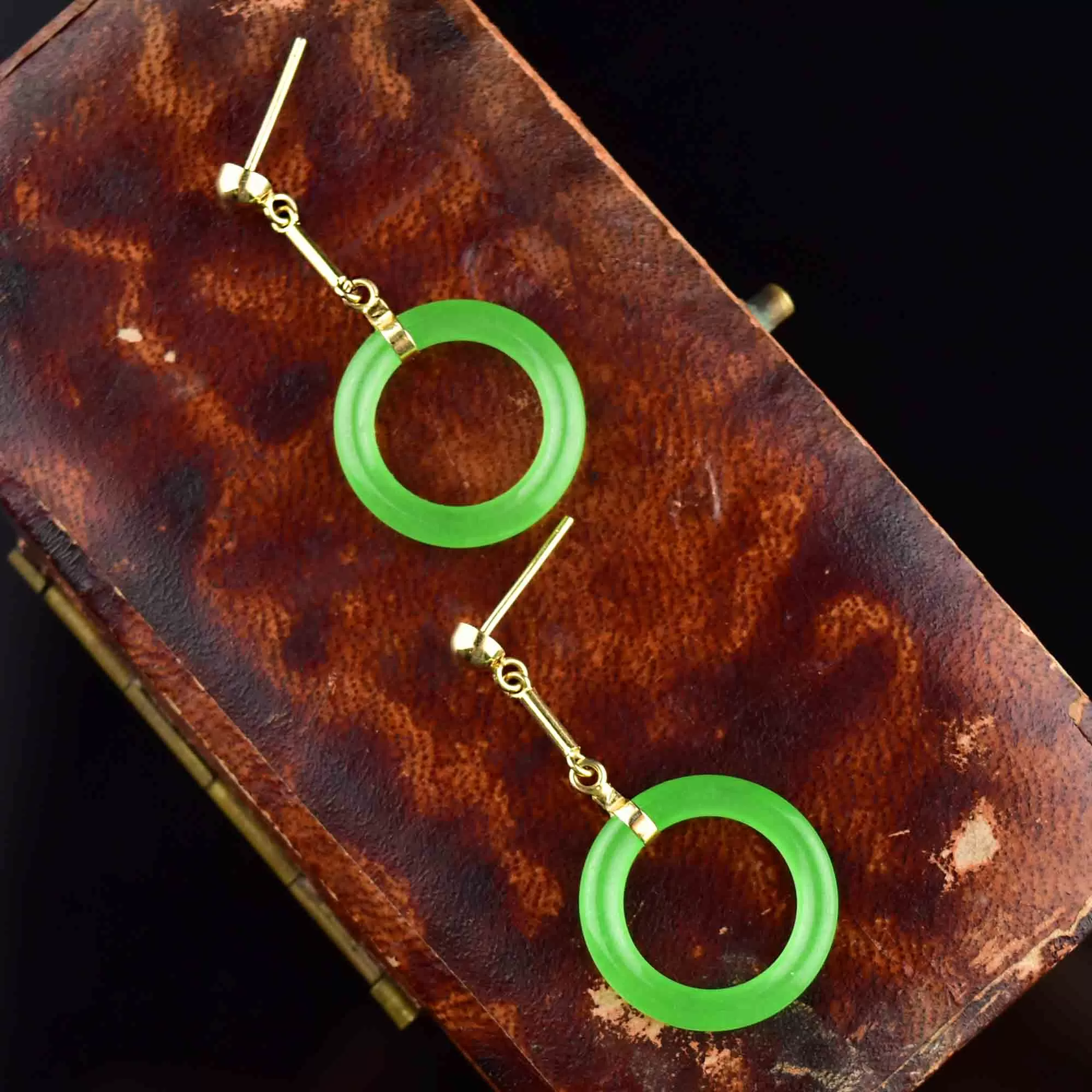 14K Gold Bar Jade Hoop Dangle Earrings