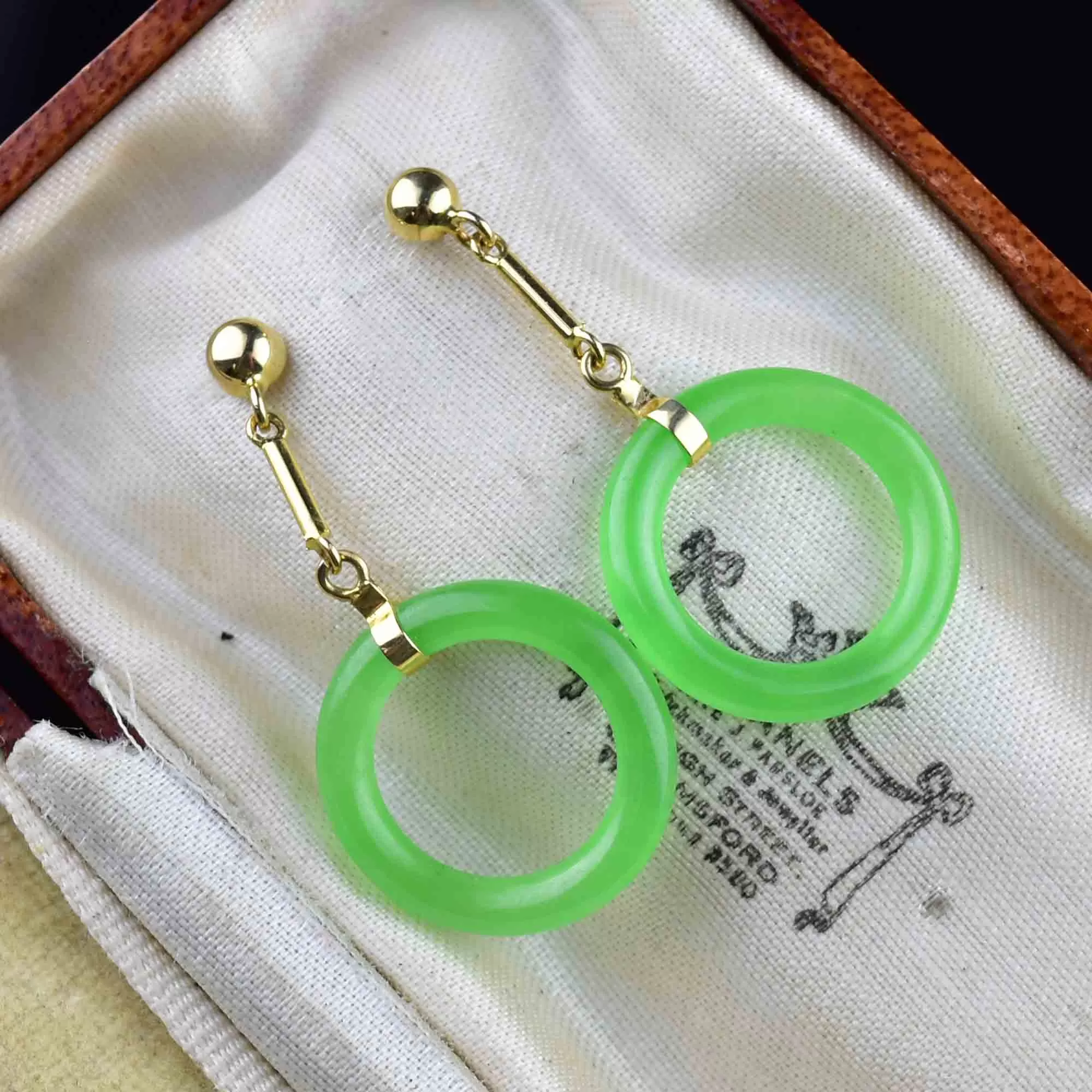 14K Gold Bar Jade Hoop Dangle Earrings