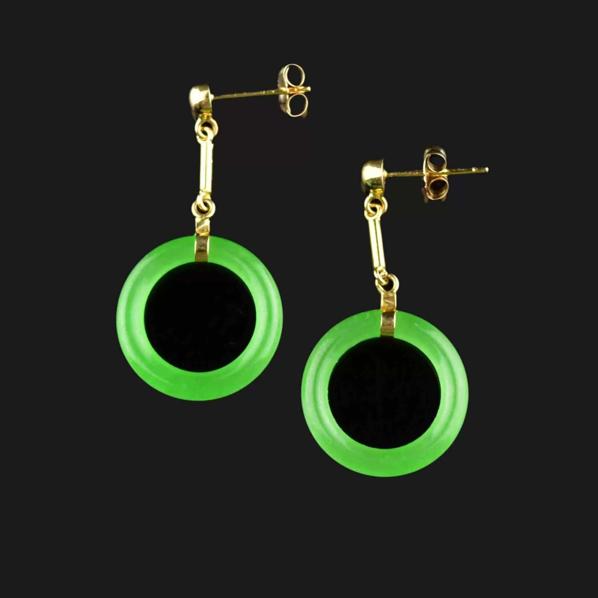 14K Gold Bar Jade Hoop Dangle Earrings