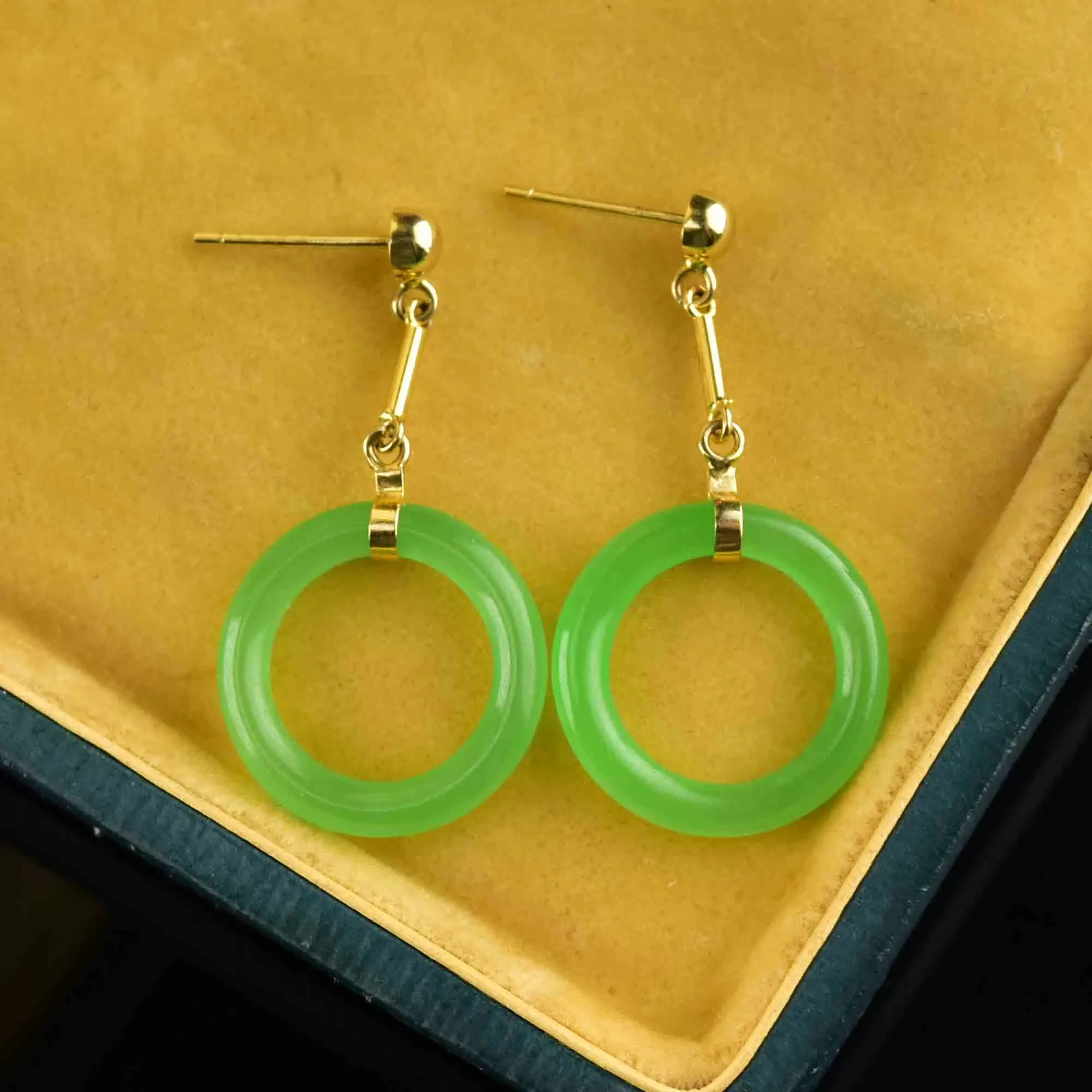 14K Gold Bar Jade Hoop Dangle Earrings