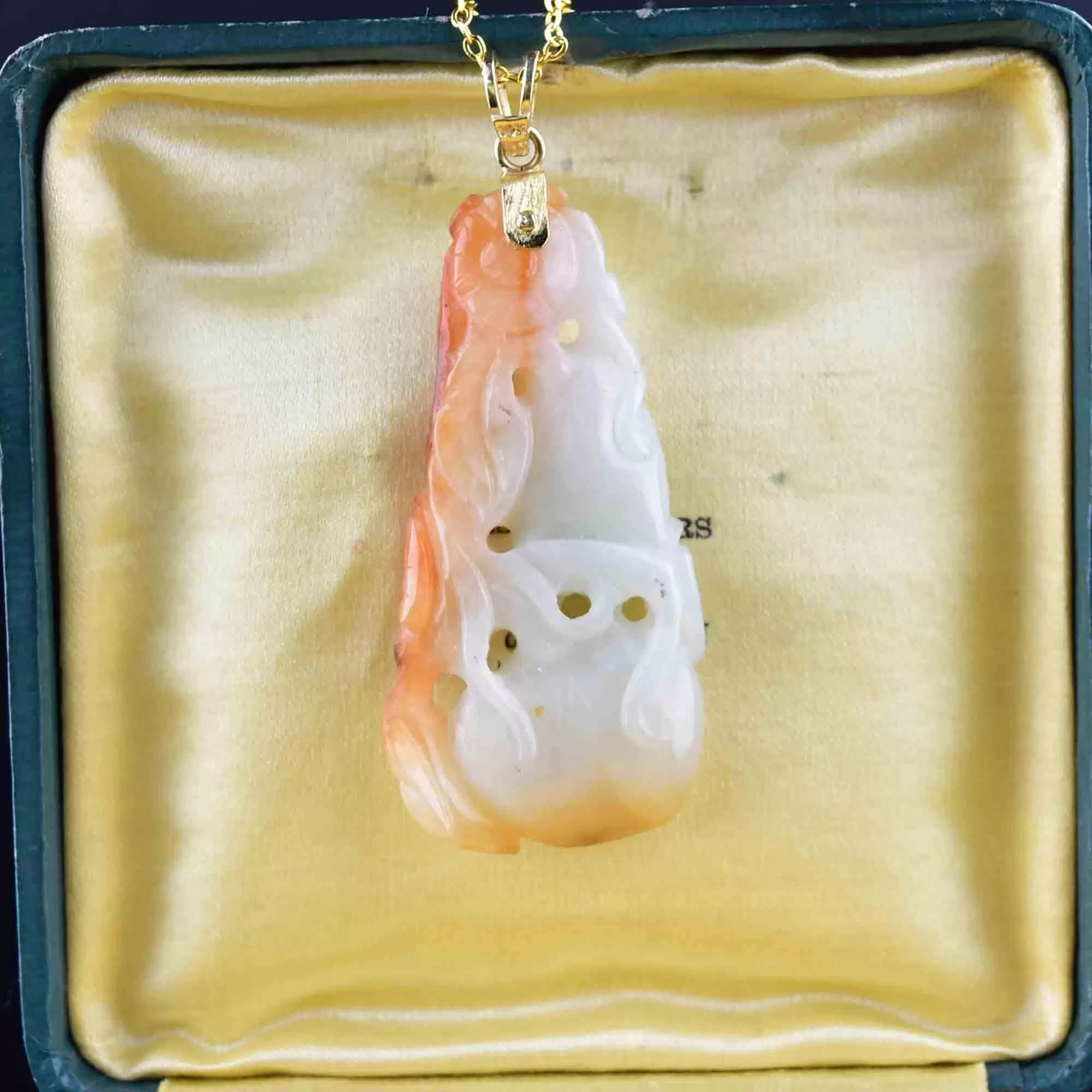 14K Gold Carved White and Red Jade Pendant Necklace