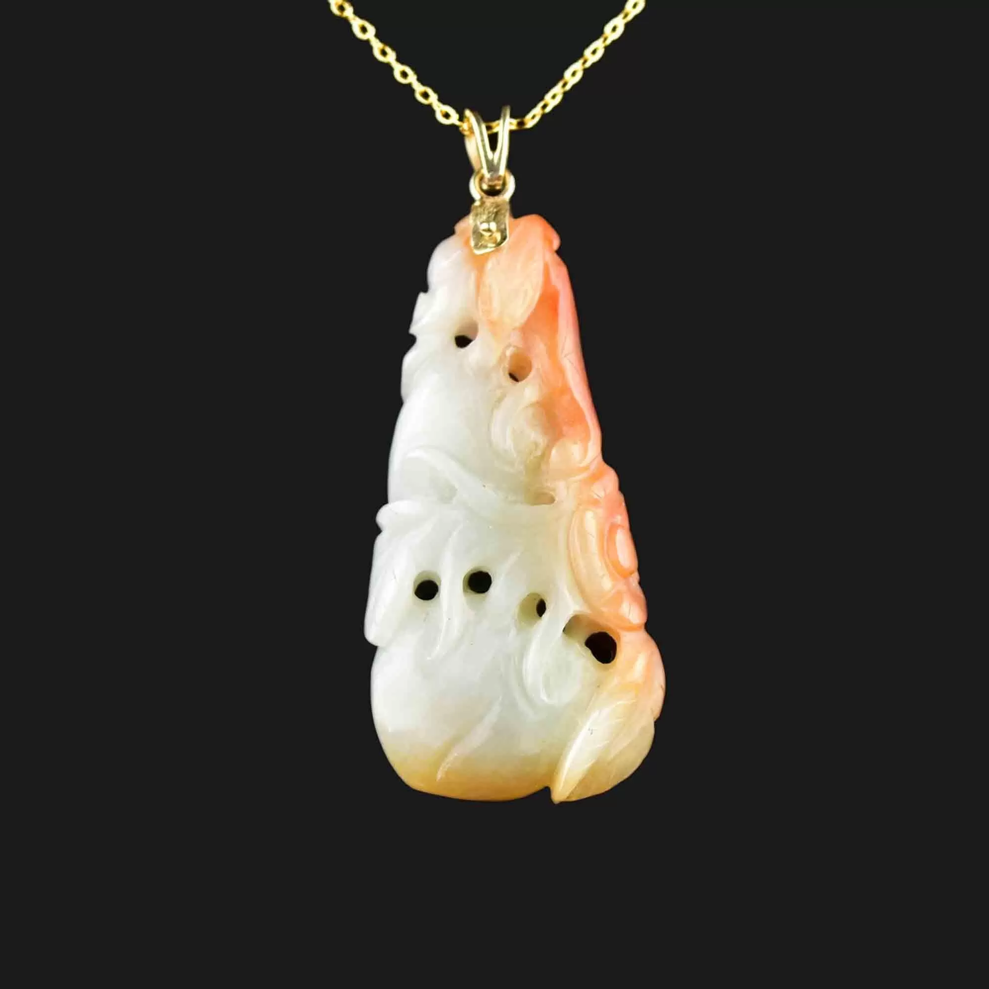 14K Gold Carved White and Red Jade Pendant Necklace