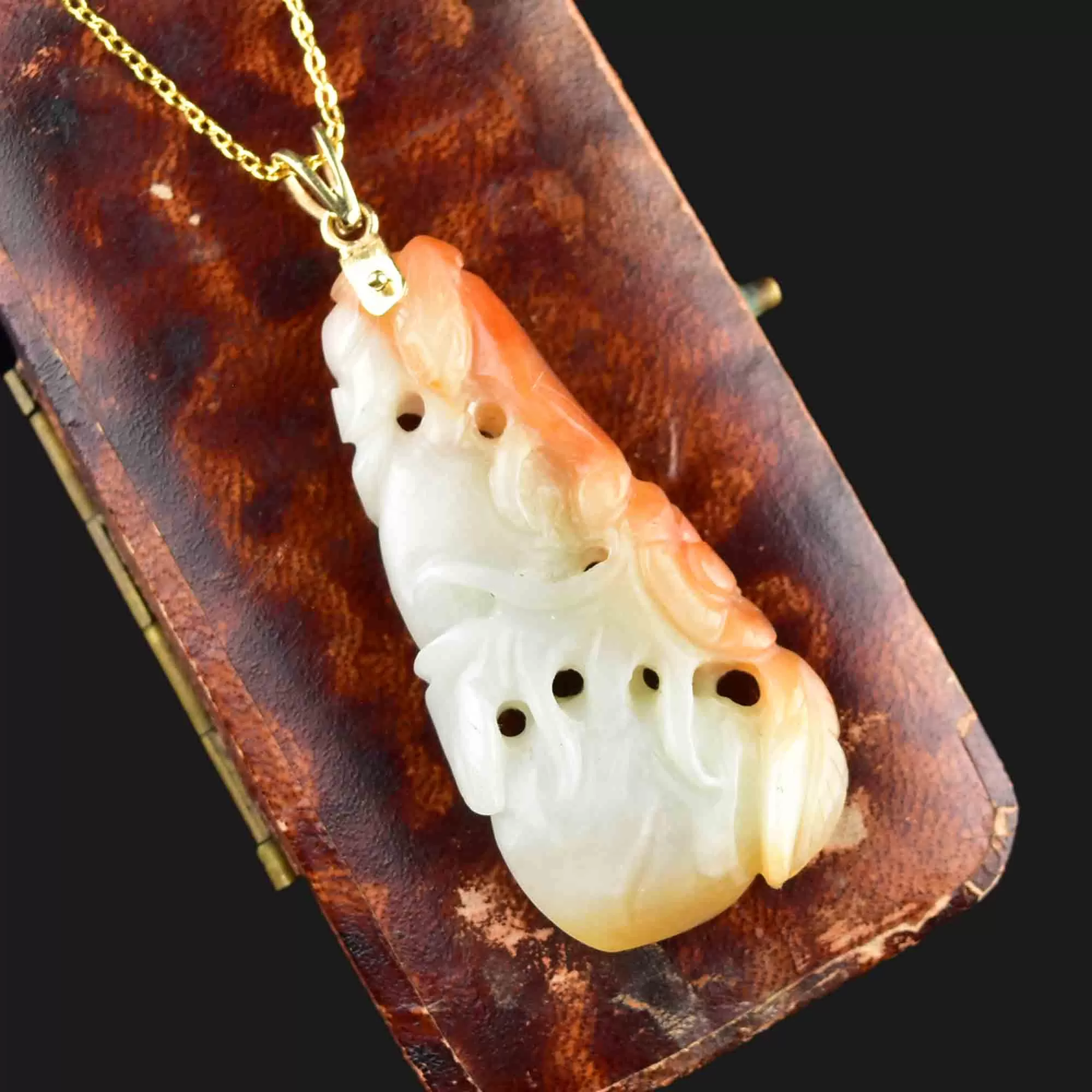 14K Gold Carved White and Red Jade Pendant Necklace