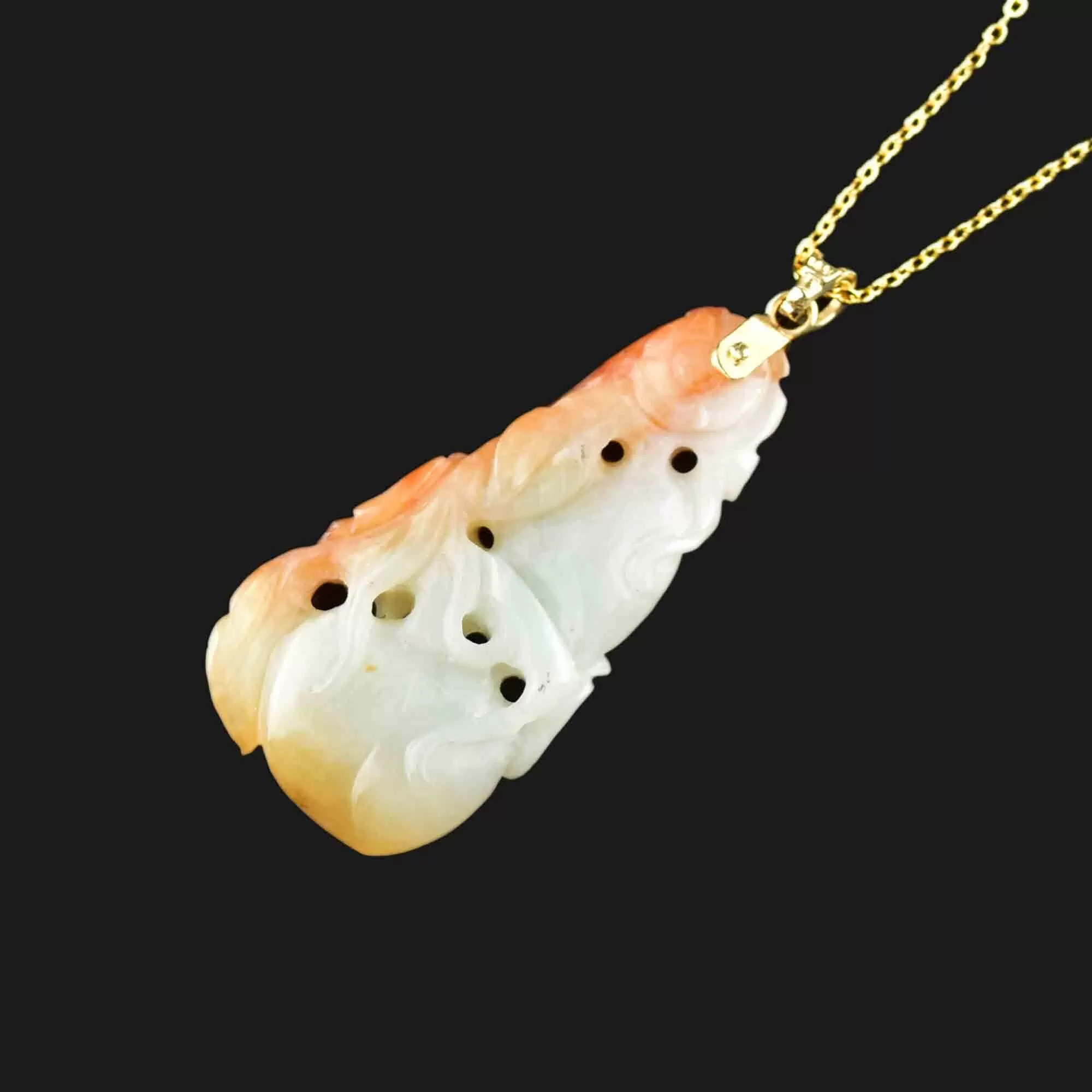 14K Gold Carved White and Red Jade Pendant Necklace