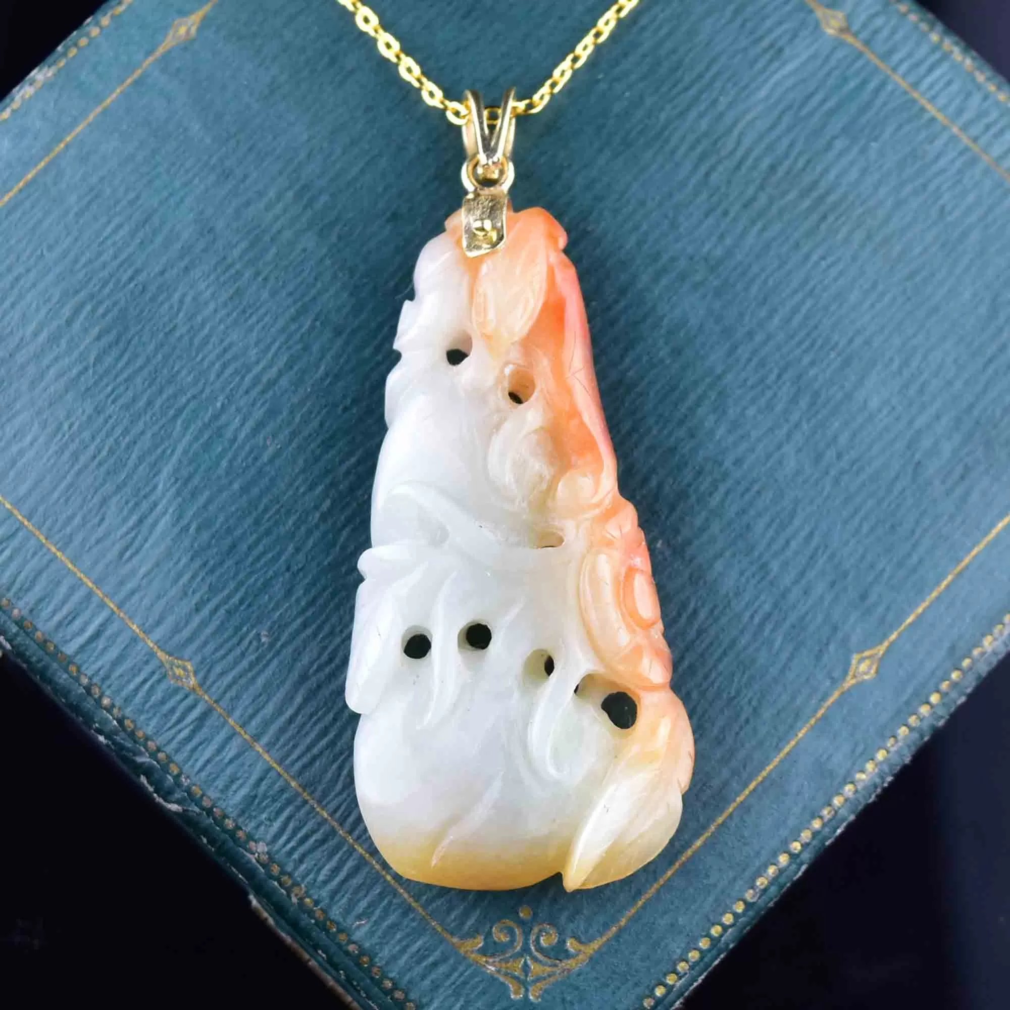 14K Gold Carved White and Red Jade Pendant Necklace