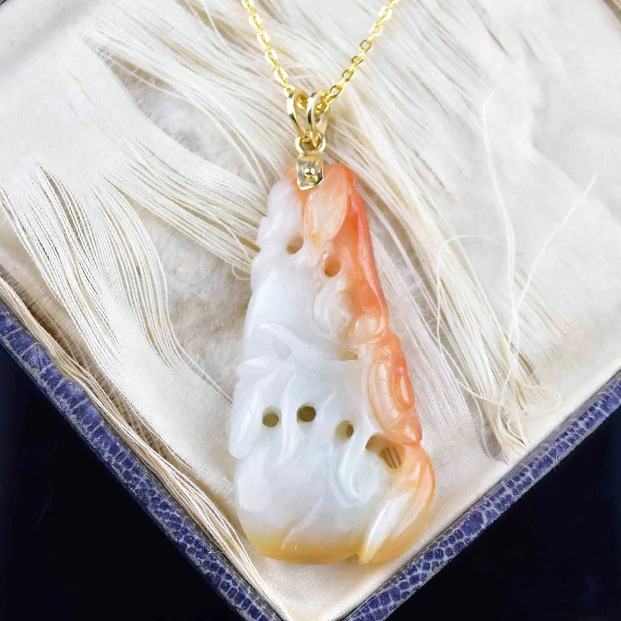 14K Gold Carved White and Red Jade Pendant Necklace