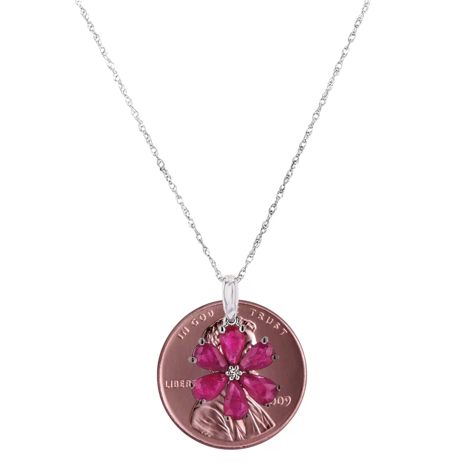 14k White Gold Flower Pendant with Ruby and Diamond