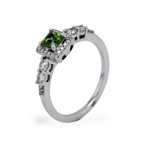 14K White gold solitaire green sapphire halo diamonds ring