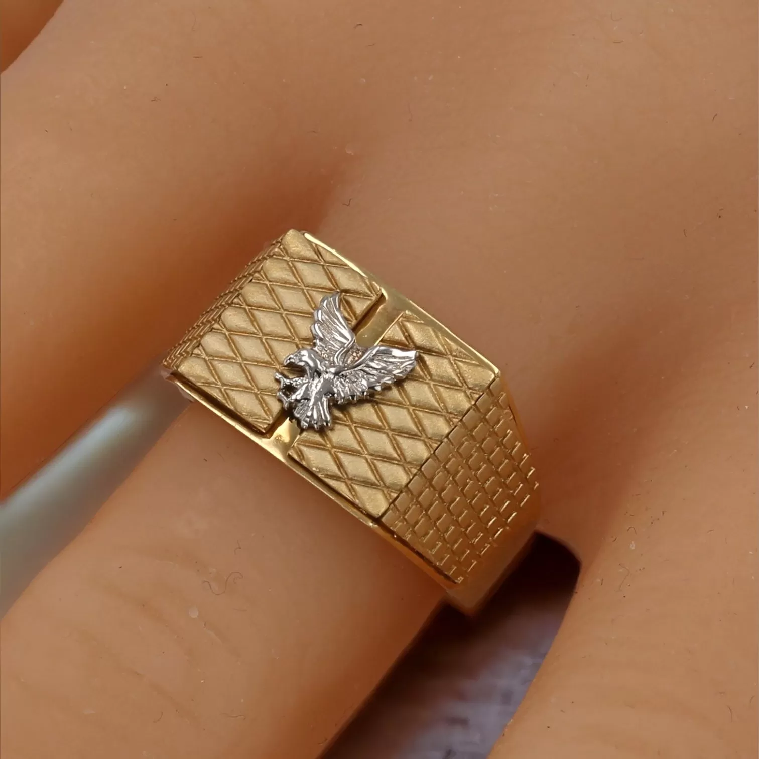 14K Yellow gold texture eagle ring two tone ring-204420