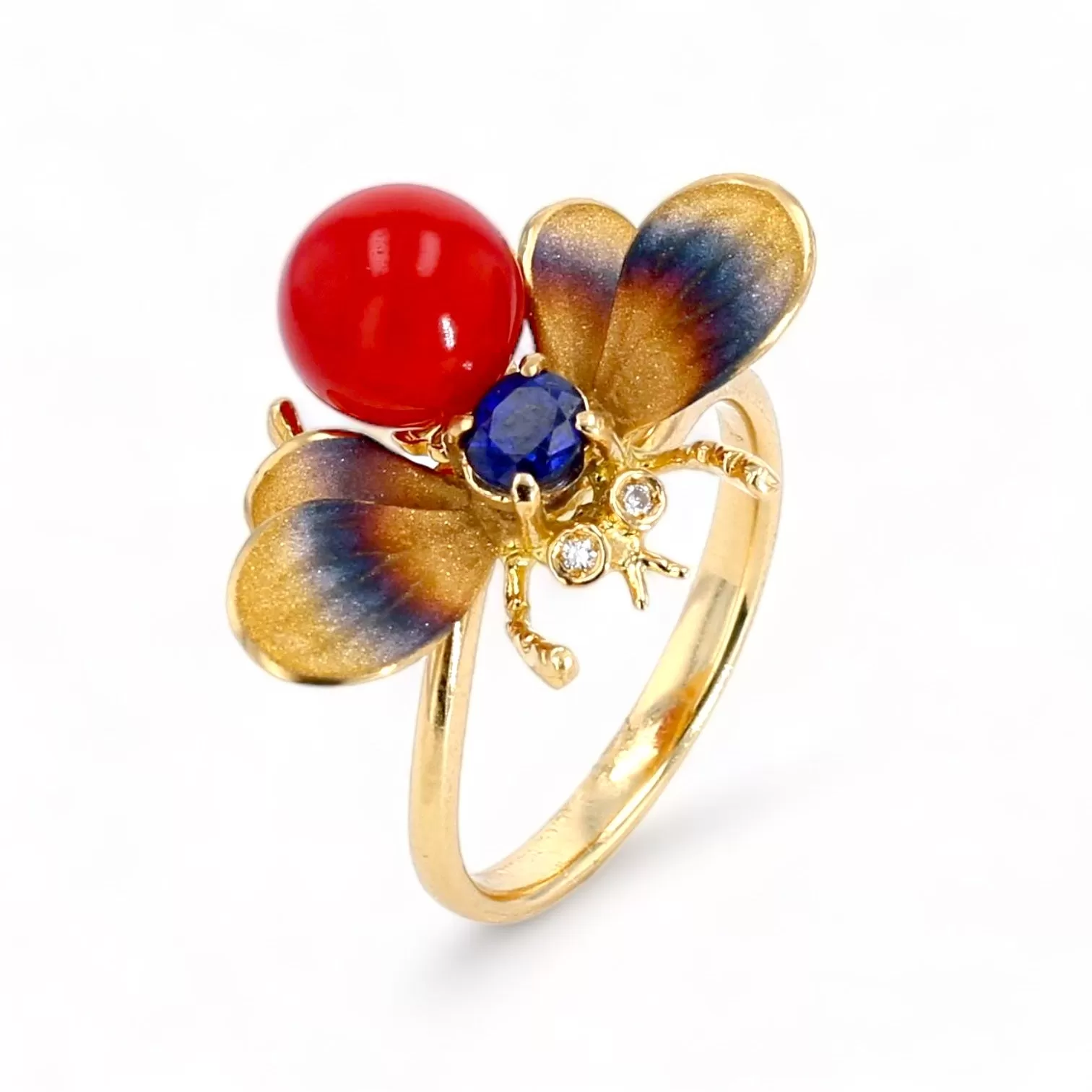 18k yellow gold handmade paint red coral blue sapphire and diamonds eyes exotic bee ring especial edition-32123