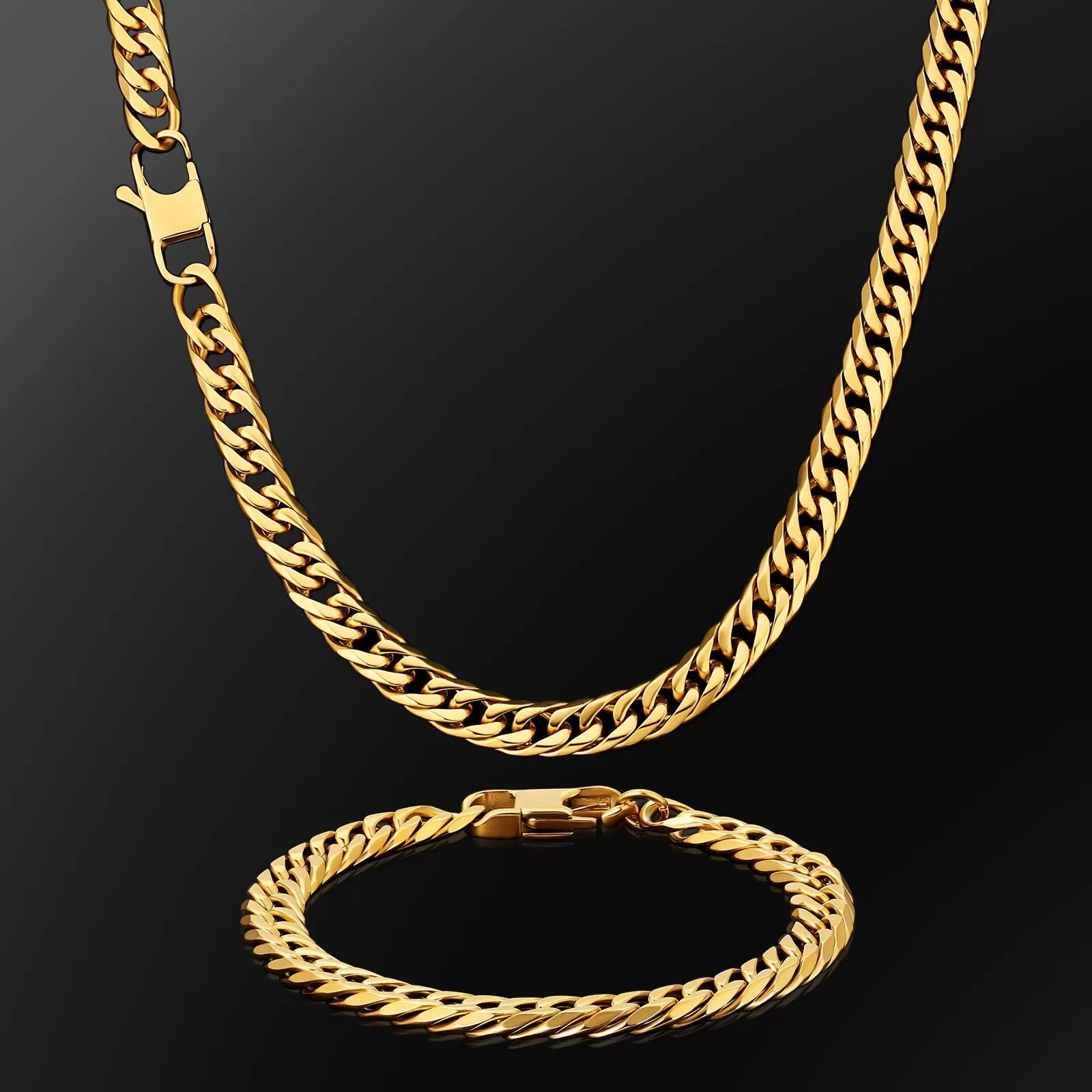 6-Sided | 8mm Miami Cuban Link Chain and Bracelet Set in 18K Gold KRKC