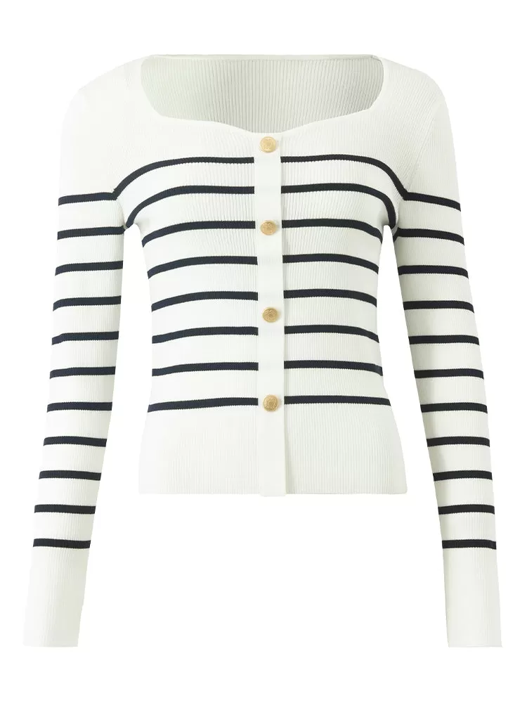 Acetate Square Neck Striped Women Knit Top