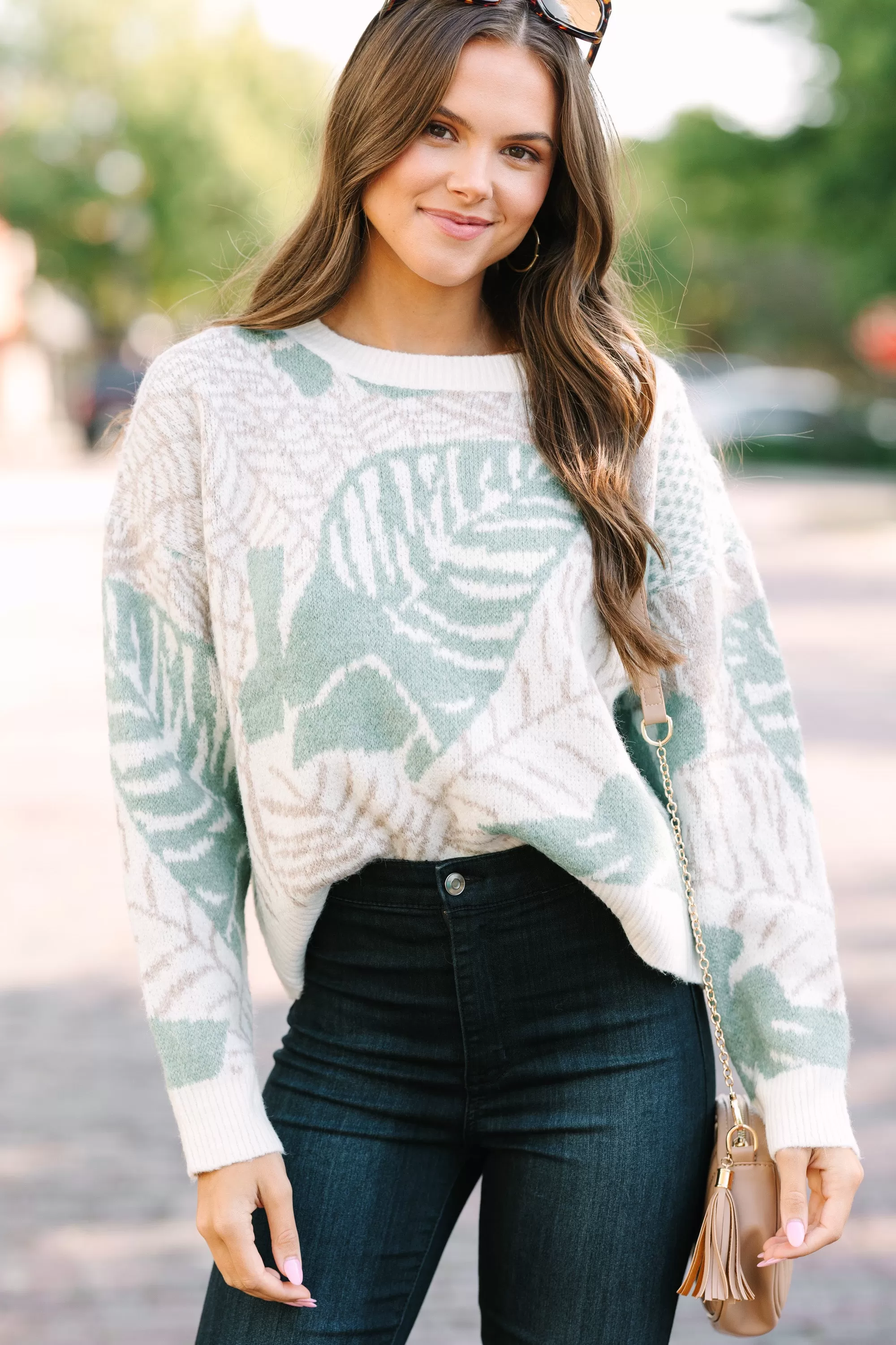 All In Love Sage Green Leaf Print Sweater