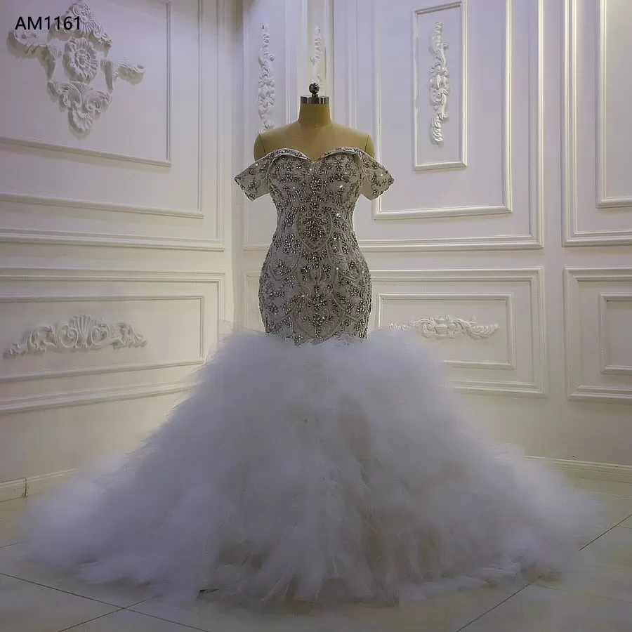 AM1161 Long Sleeve Ruffles Crystal beaded Mermaid  Luxury off shoulder Wedding Dress