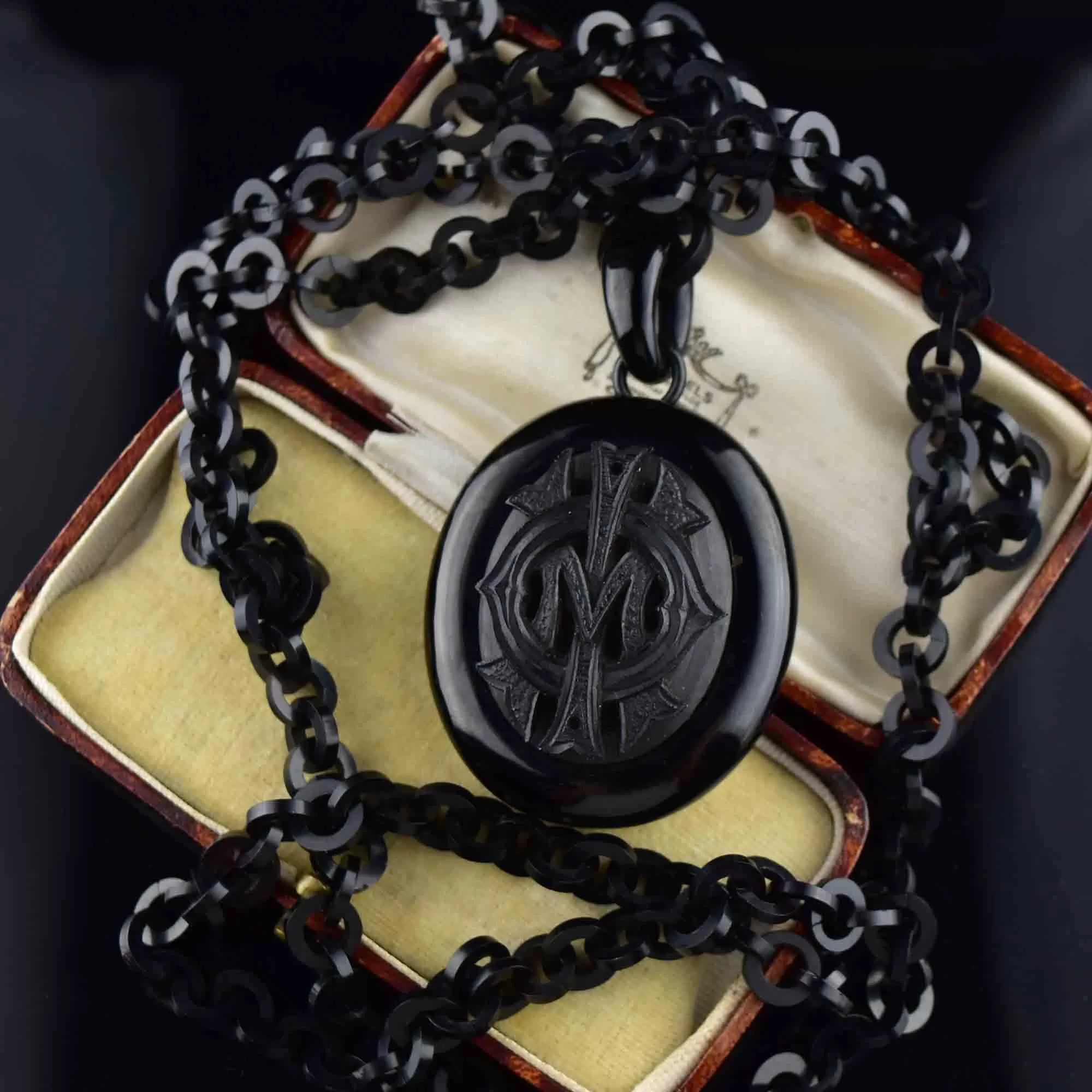 Antique Whitby Jet Victorian Mourning Locket Necklace