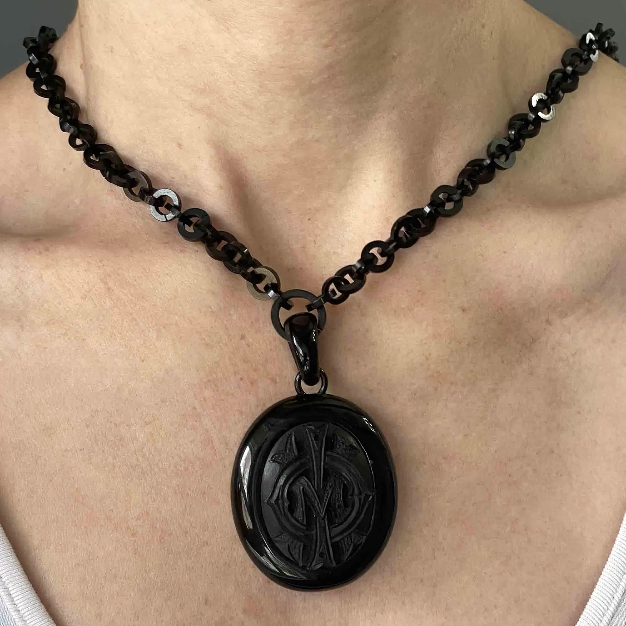 Antique Whitby Jet Victorian Mourning Locket Necklace