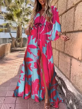 Aqua and Coral Leafy Maxi Dress