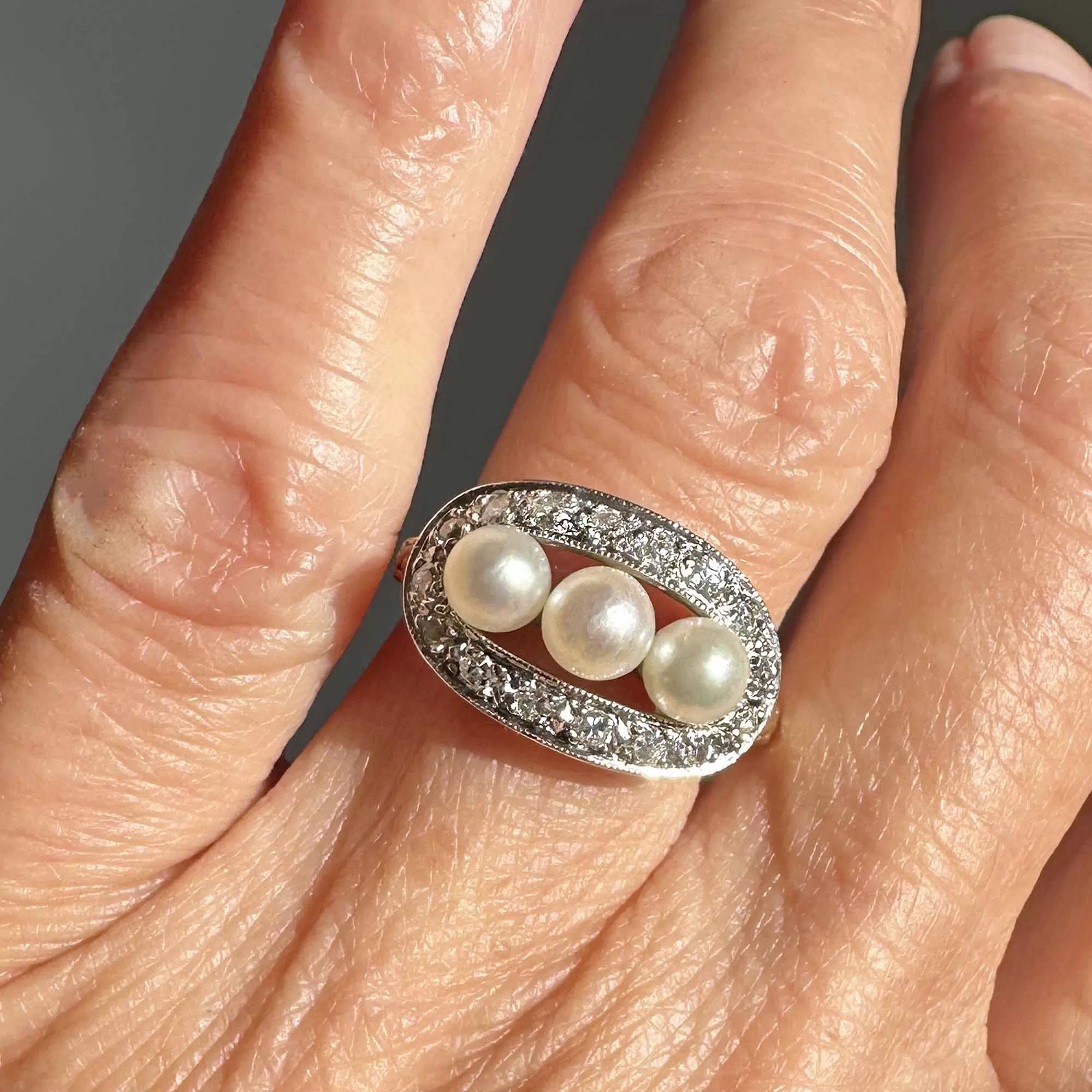 Art Deco Diamond Halo Three Stone Akoya Pearl Ring