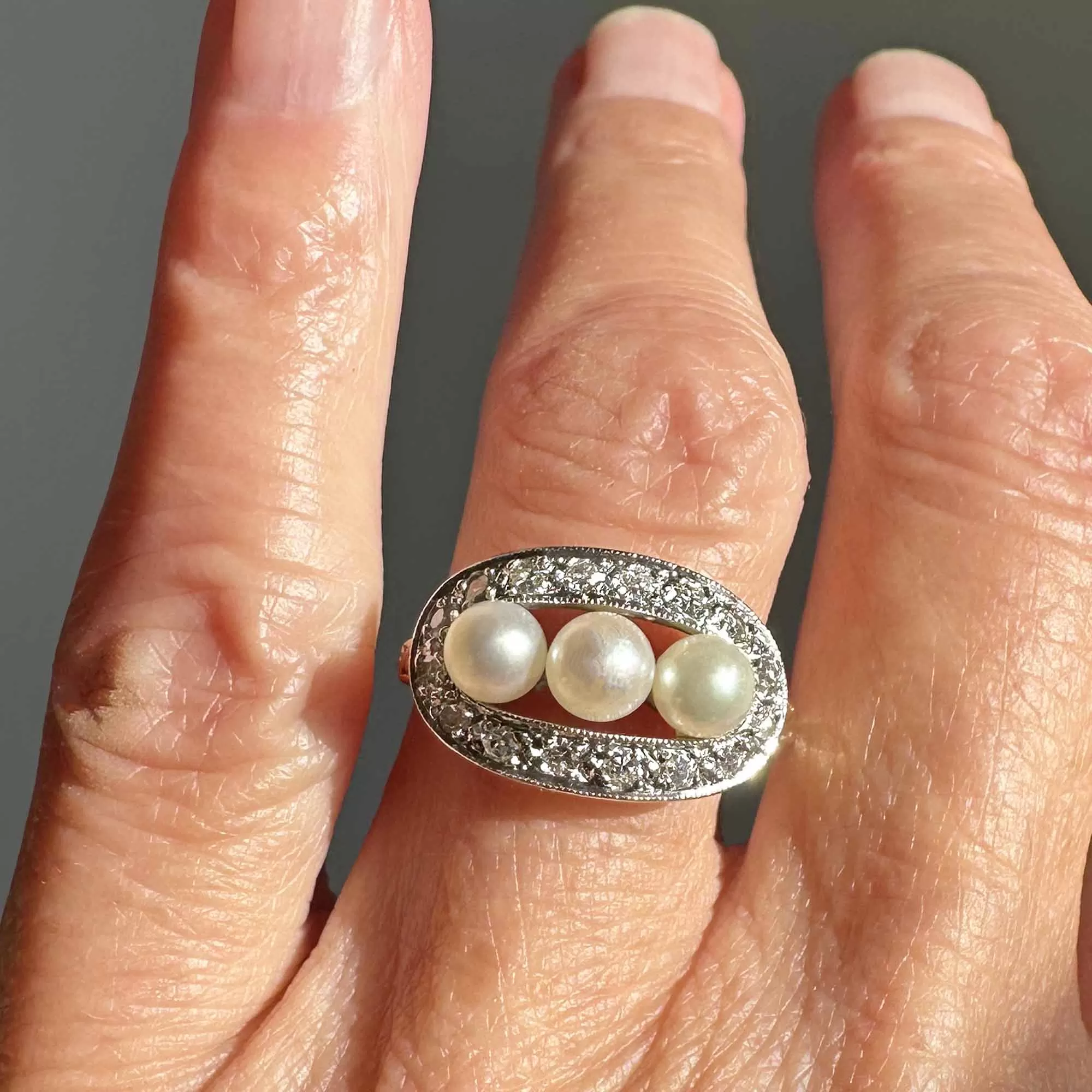 Art Deco Diamond Halo Three Stone Akoya Pearl Ring