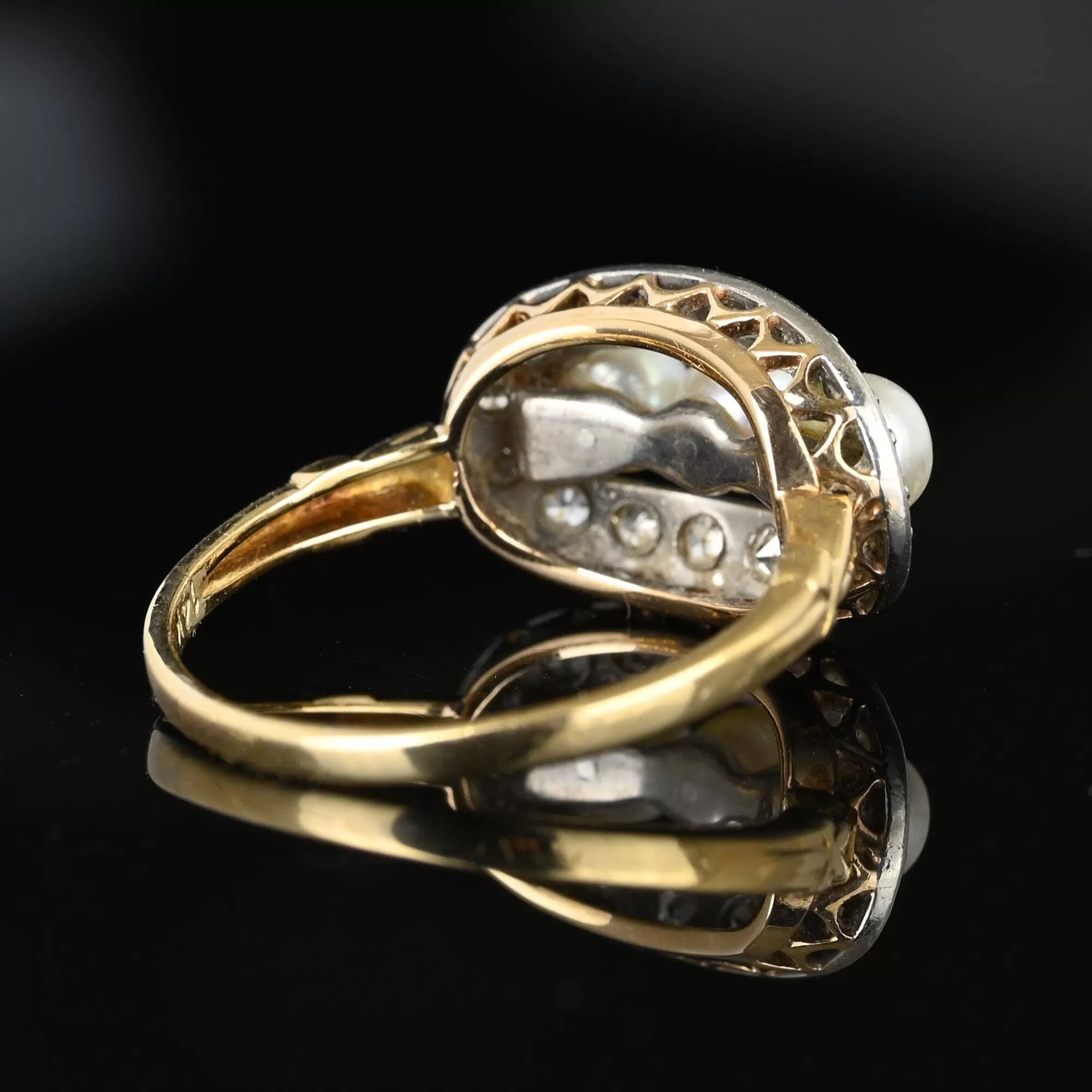 Art Deco Diamond Halo Three Stone Akoya Pearl Ring