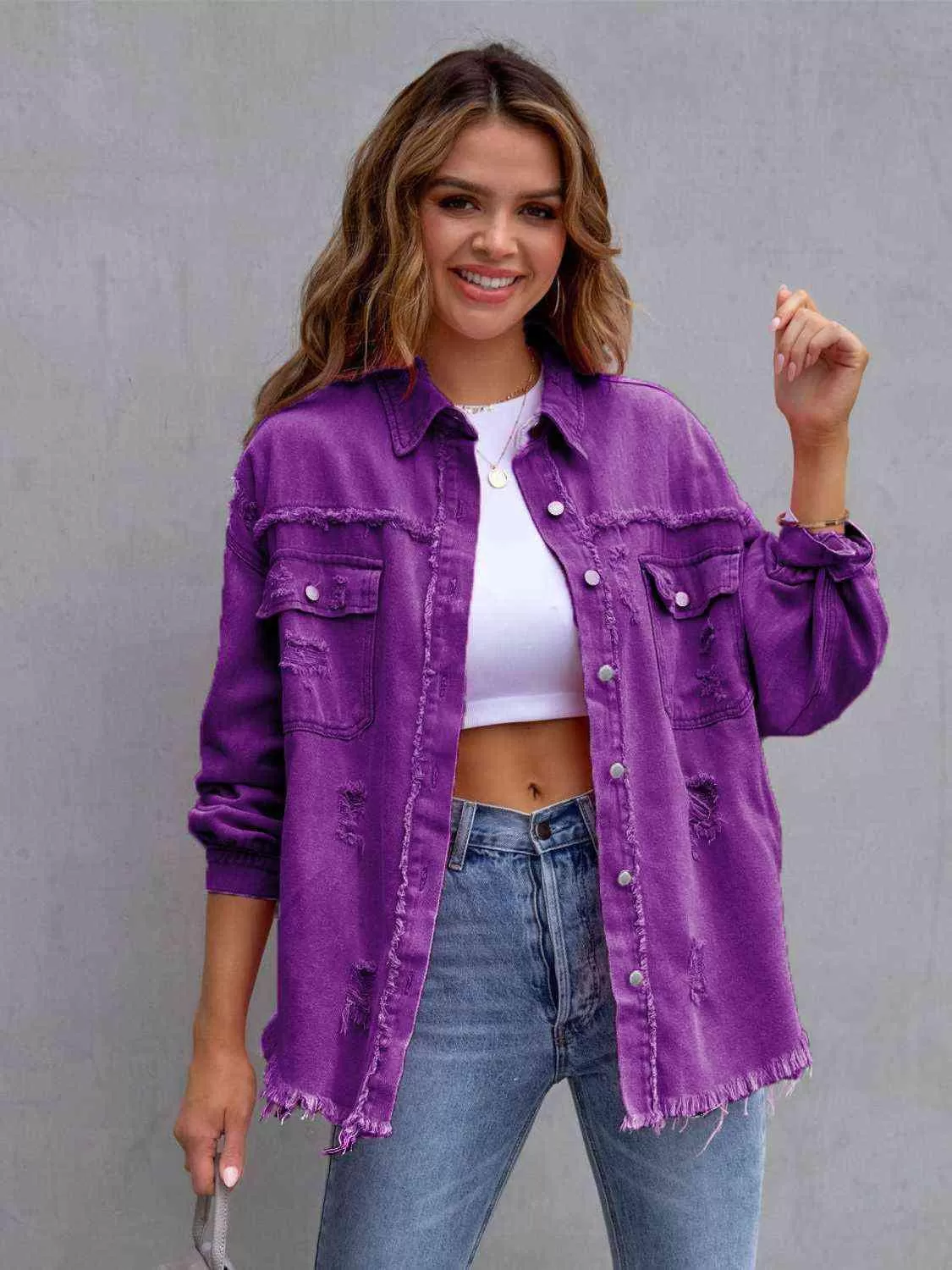 Ava Distressed Drop Shoulder Denim Jacket