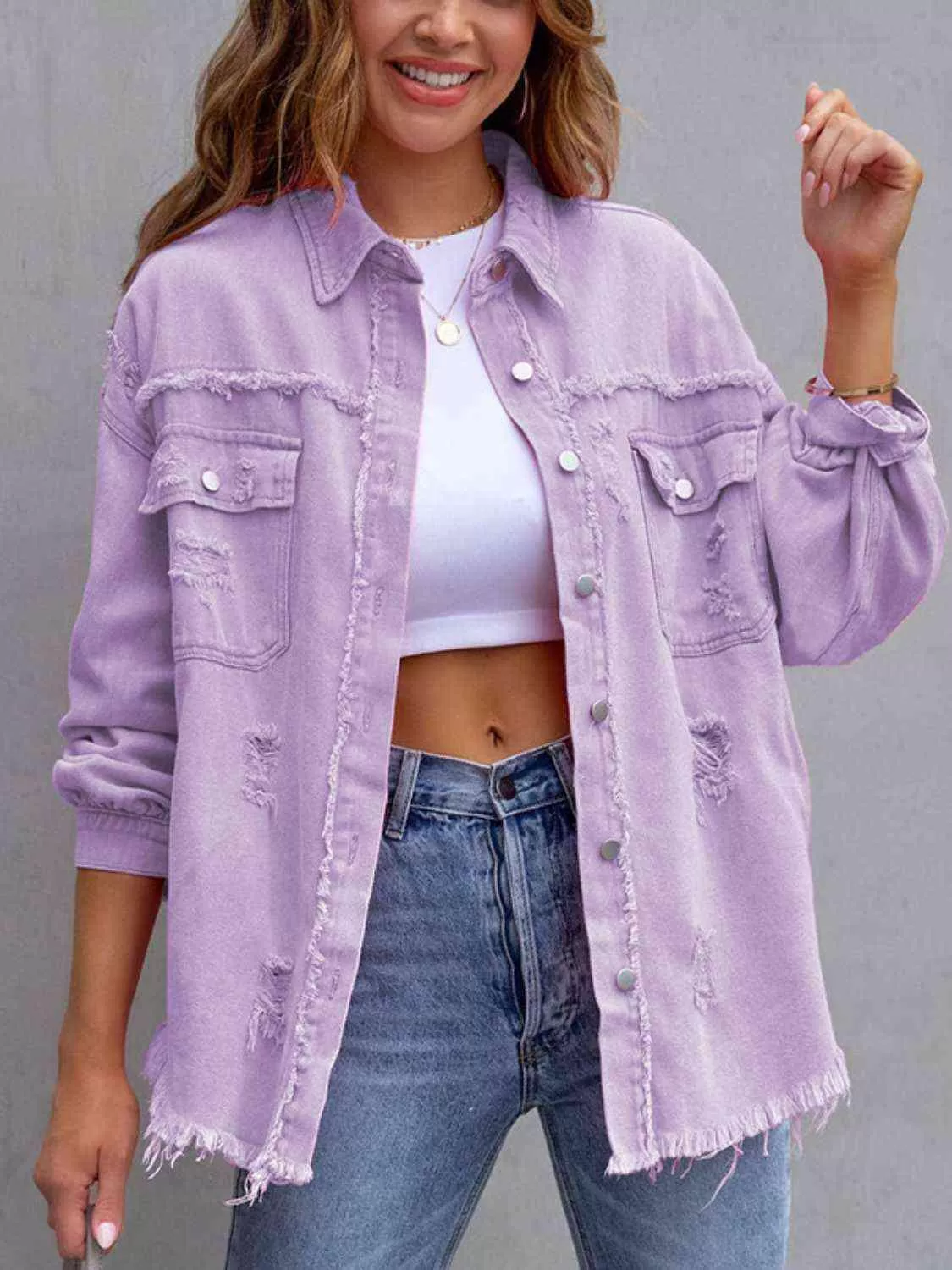 Ava Distressed Drop Shoulder Denim Jacket