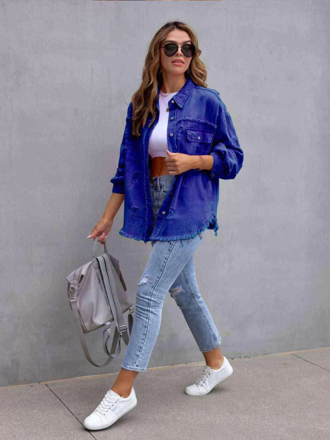 Ava Distressed Drop Shoulder Denim Jacket