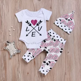 Baby Girls Solid Love Short Sleeve Romper Floral Print Pants Hat Set