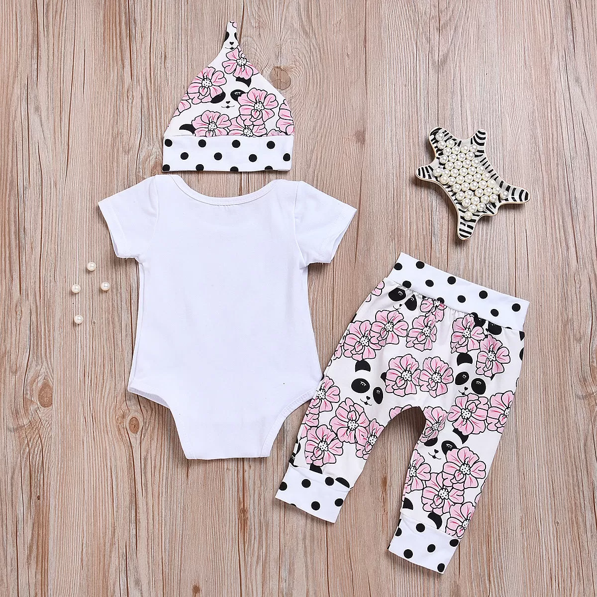 Baby Girls Solid Love Short Sleeve Romper Floral Print Pants Hat Set