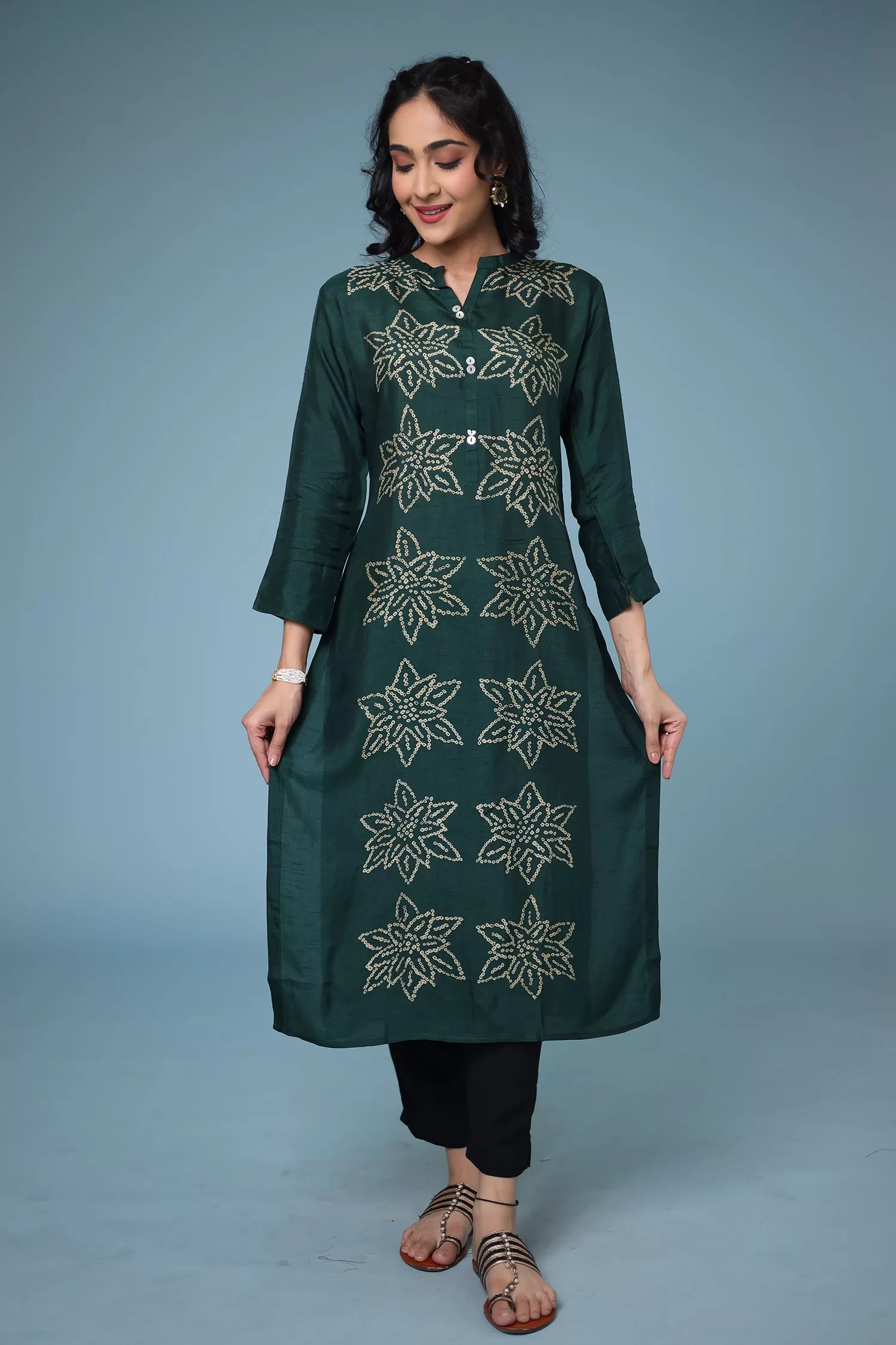 Bandhej Silk blend Straight Cut Kurta