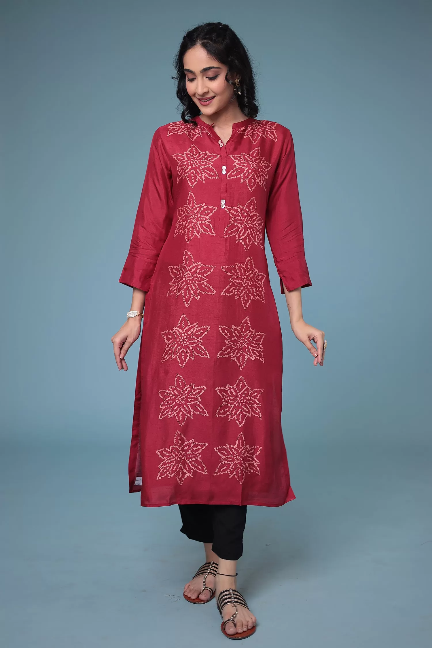 Bandhej Silk blend Straight Cut Kurta