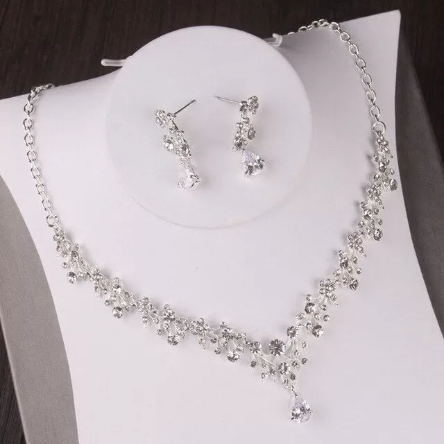 Baroque Floral Crystal and Rhinestone Tiara, Necklace & Earrings Wedding Jewelry Set