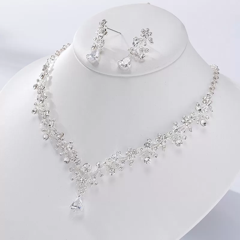 Baroque Floral Crystal and Rhinestone Tiara, Necklace & Earrings Wedding Jewelry Set