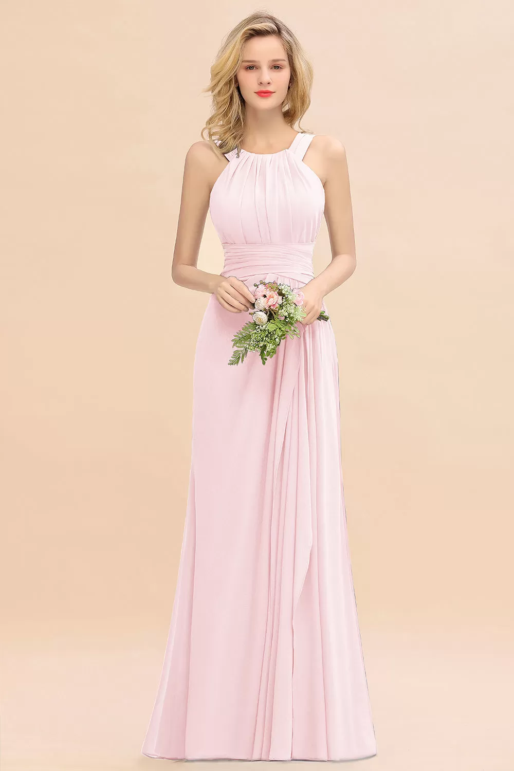 Beautiful Long A-line Halter Chiffon Backless Bridesmaid Dresses