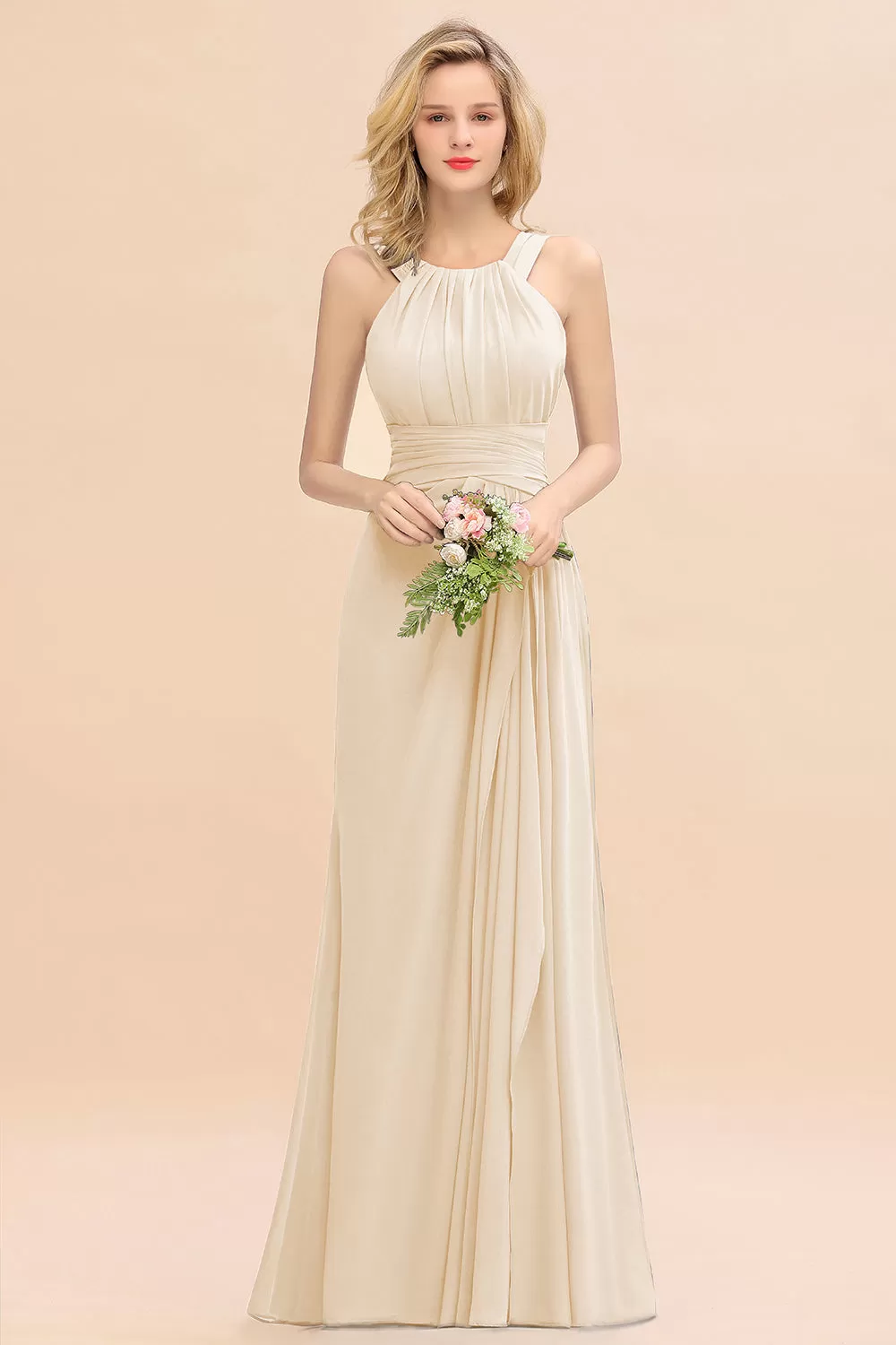 Beautiful Long A-line Halter Chiffon Backless Bridesmaid Dresses