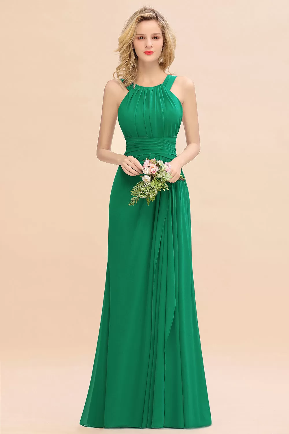 Beautiful Long A-line Halter Chiffon Backless Bridesmaid Dresses