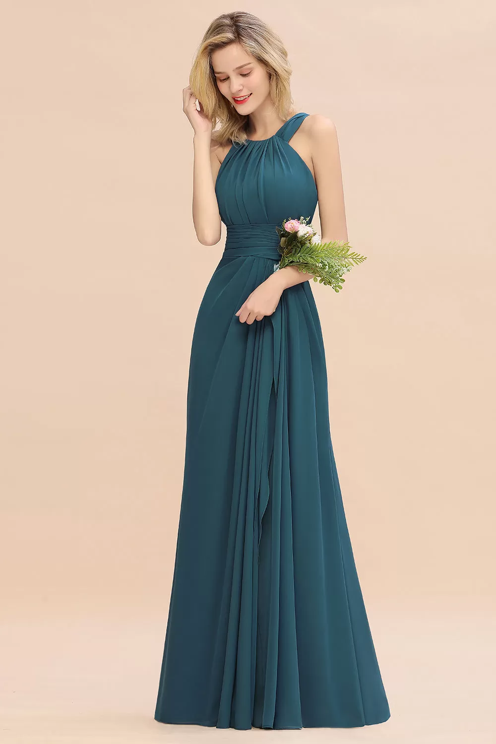 Beautiful Long A-line Halter Chiffon Backless Bridesmaid Dresses