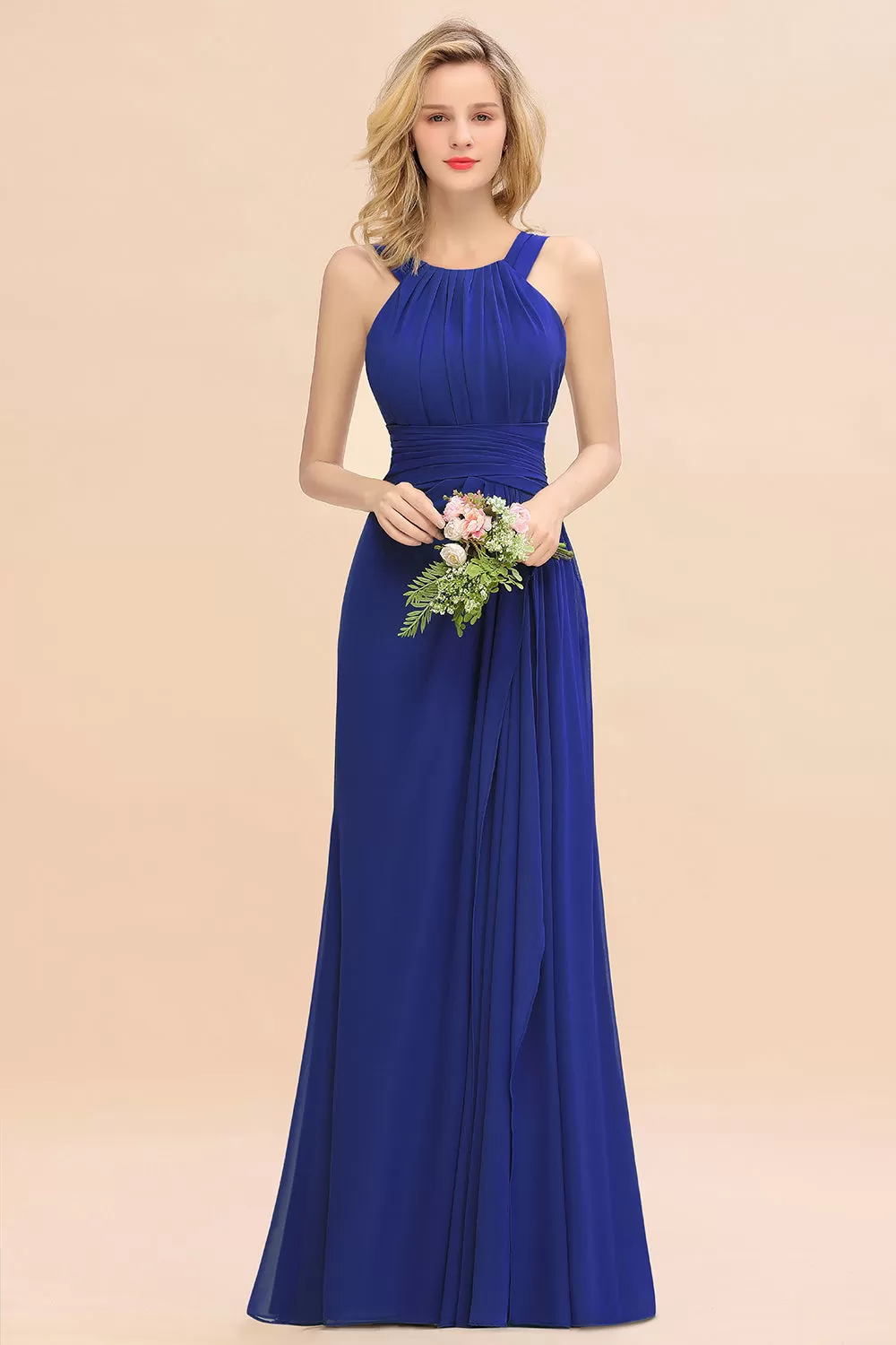 Beautiful Long A-line Halter Chiffon Backless Bridesmaid Dresses