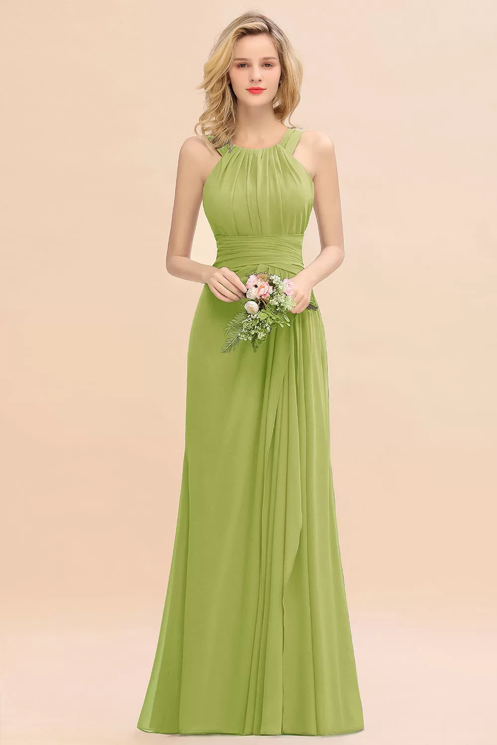 Beautiful Long A-line Halter Chiffon Backless Bridesmaid Dresses