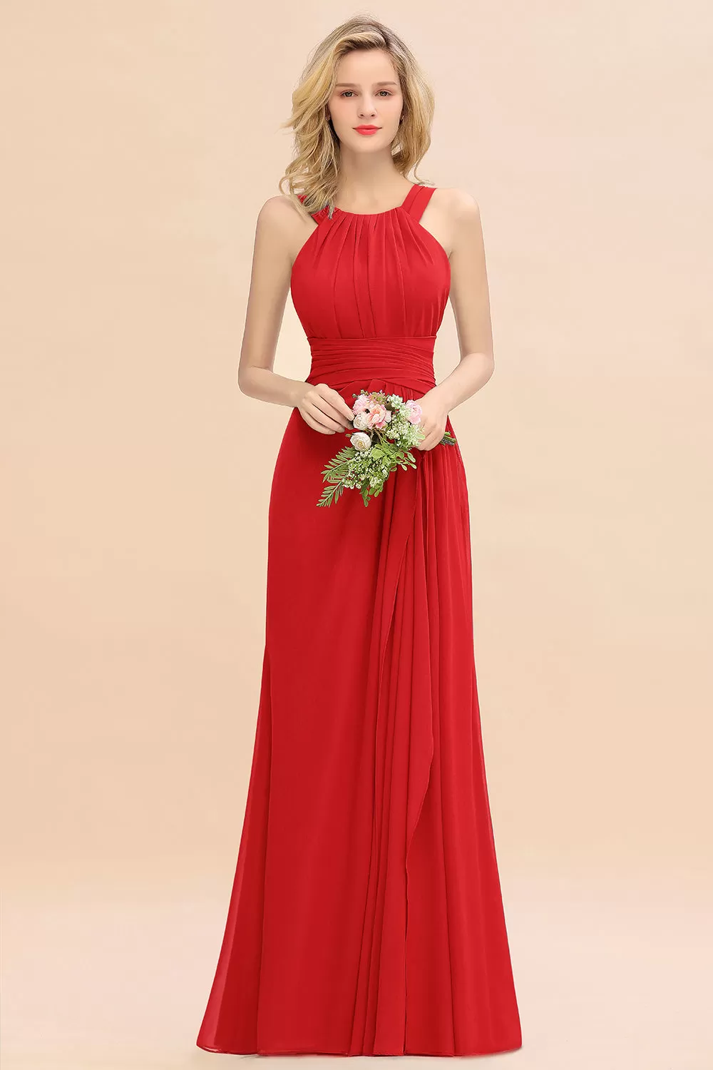 Beautiful Long A-line Halter Chiffon Backless Bridesmaid Dresses