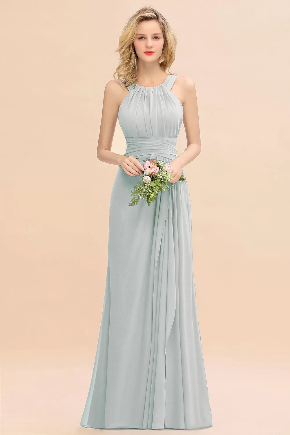 Beautiful Long A-line Halter Chiffon Backless Bridesmaid Dresses