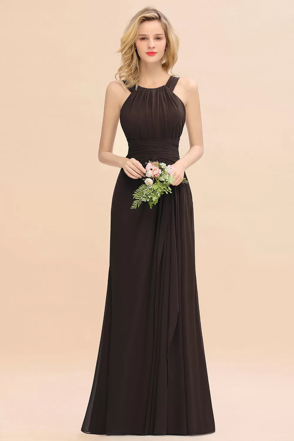 Beautiful Long A-line Halter Chiffon Backless Bridesmaid Dresses