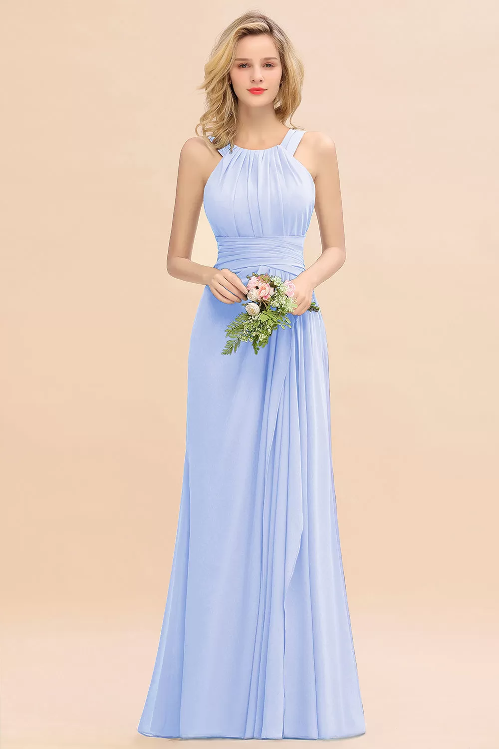 Beautiful Long A-line Halter Chiffon Backless Bridesmaid Dresses