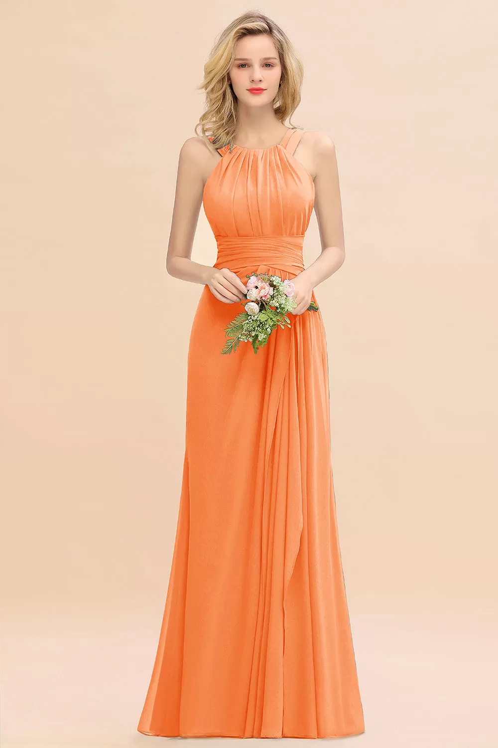 Beautiful Long A-line Halter Chiffon Backless Bridesmaid Dresses