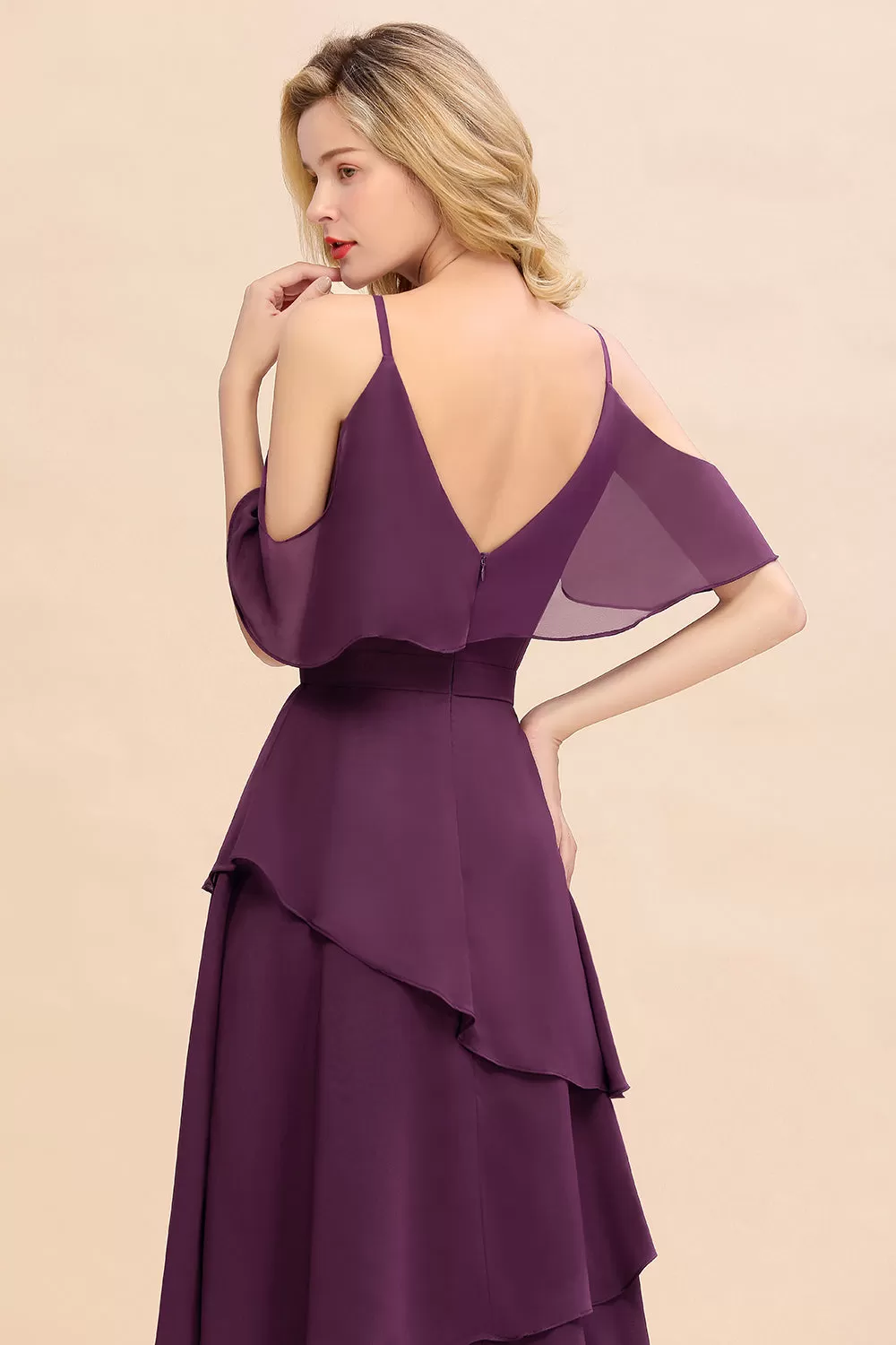 Beautiful Long A-line V-neck Cascading Ruffles Bridesmaid Dress with Sleeves