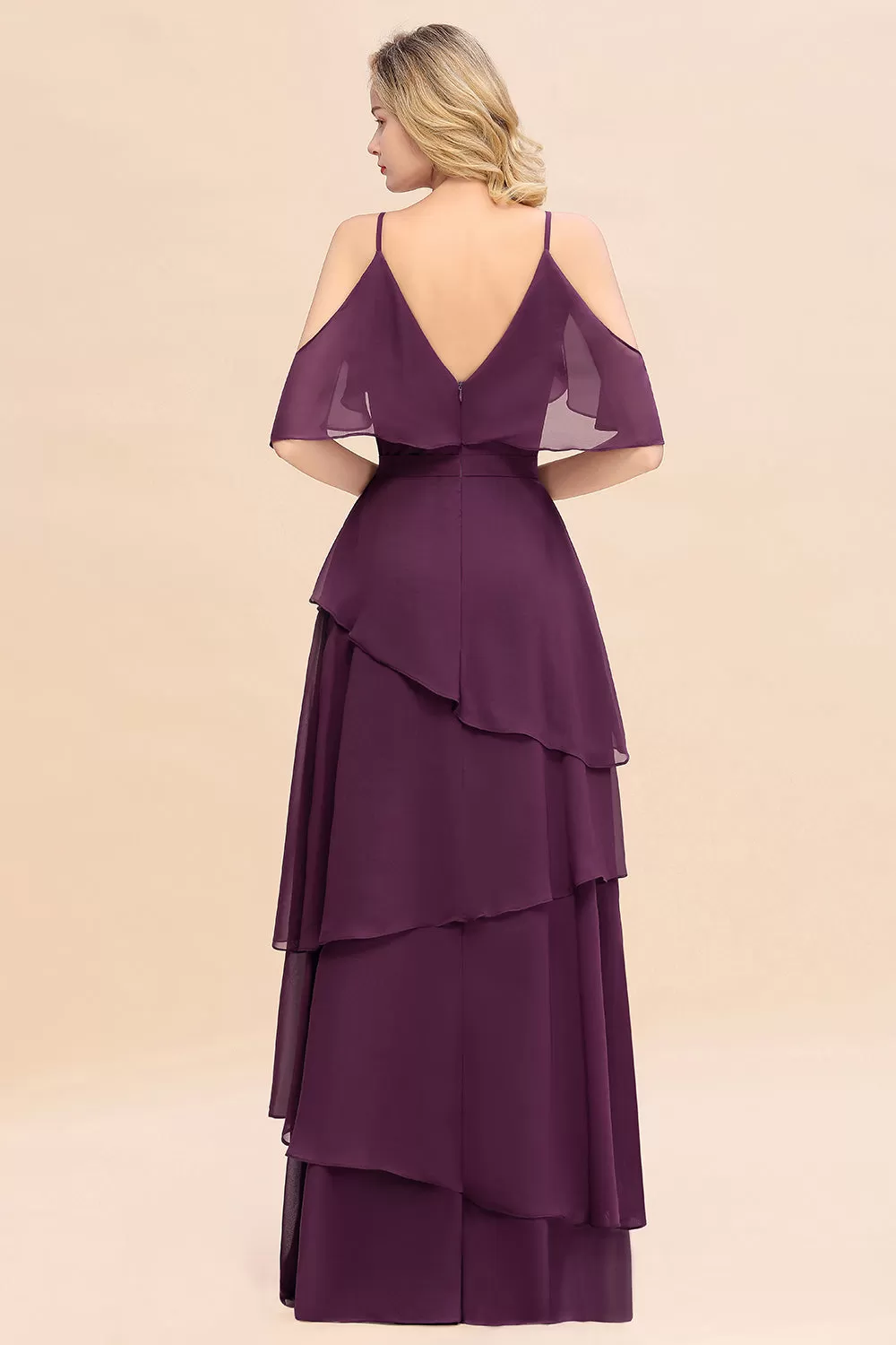 Beautiful Long A-line V-neck Cascading Ruffles Bridesmaid Dress with Sleeves