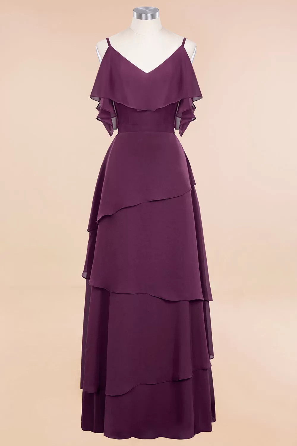 Beautiful Long A-line V-neck Cascading Ruffles Bridesmaid Dress with Sleeves